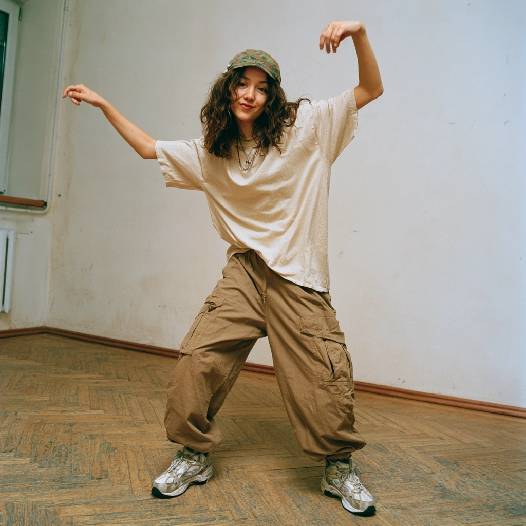 A young woman mid-dance in a worn cream tee, sand cargo pants, and chunky sneakers, arms framing her face under a floral cap, smirking at camera. Bare herringbone parquet floor and chipped off-white walls fill a sunlit empty room. Grainy medium-format film look, lo-fi streetwear energy.