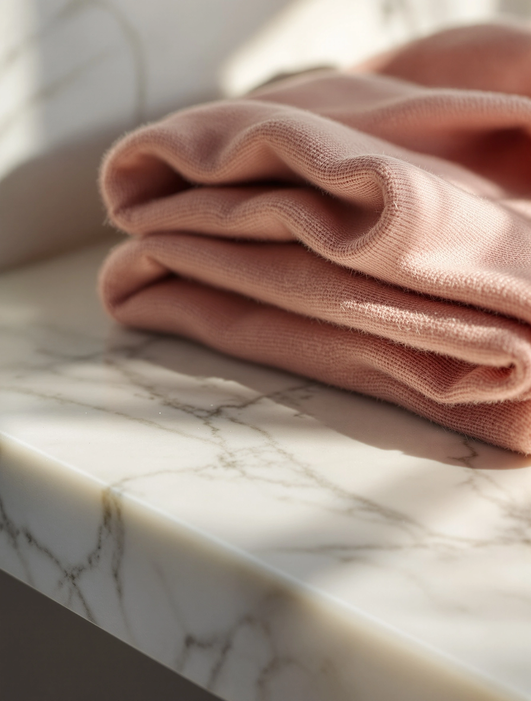 A loosely folded blush cashmere knit rests on a veined Calacatta marble shelf, raking afternoon light skimming across the ribbed weave to throw long diagonal shadows. Tight three-quarter framing, shallow depth, warm ivory wall behind. Editorial still life with the muted patina of 120 film and a 65mm macro lens.