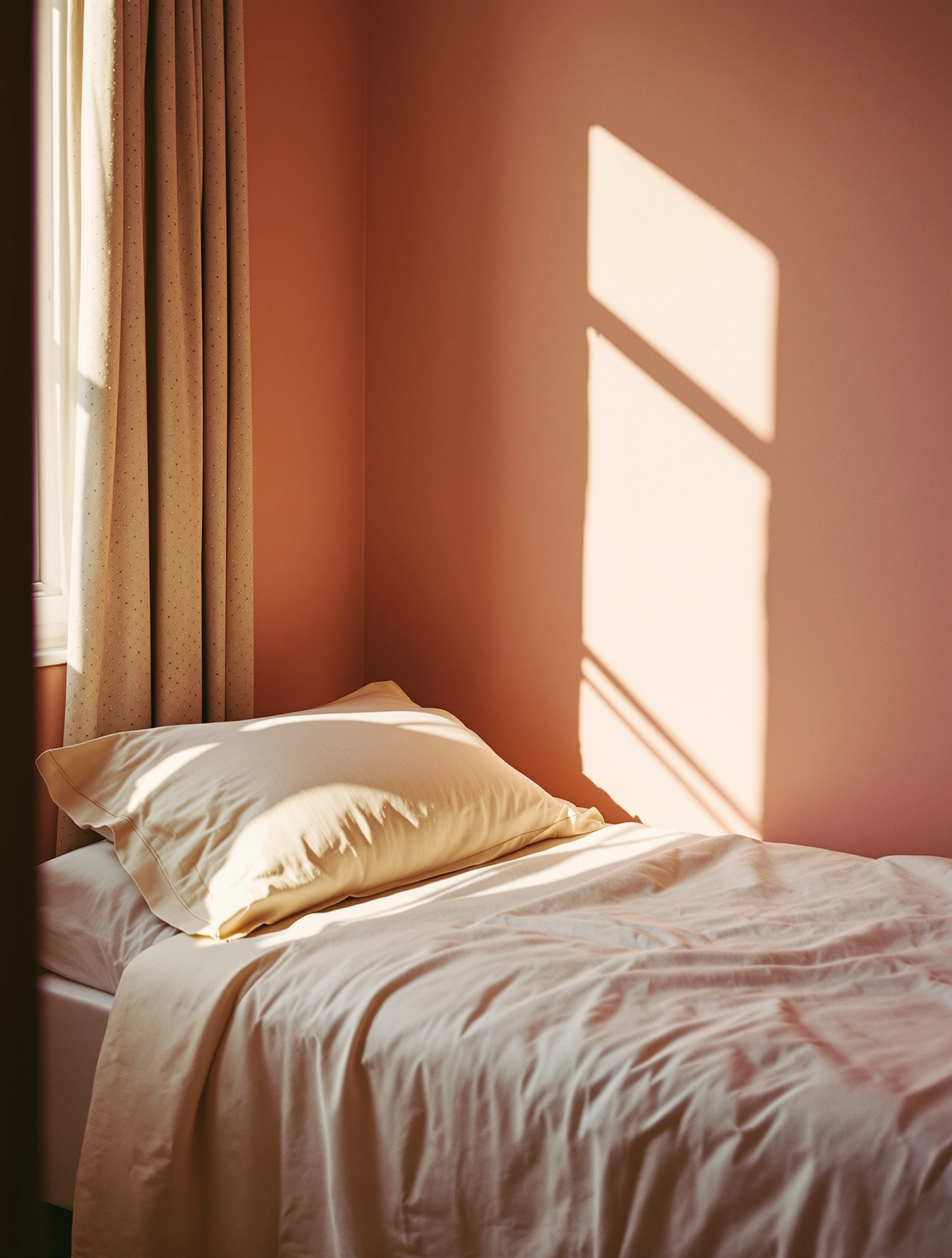 A single bed dressed in buttery linen tucked into a dusty terracotta-rose corner, a window cast pouring warm geometric sunlight across the wall. A creamy dotted curtain softens the left edge, a quiet morning hush filling the frame. Cinematic interiors, Kodak Portra warmth, Wes-Anderson-tinged symmetry.