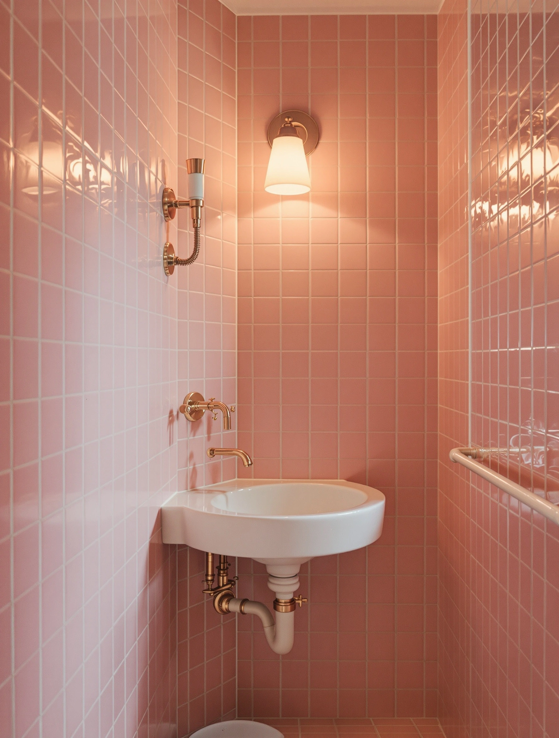 Salmon-pink square-tiled bathroom corner with a bone porcelain wall-mounted basin, exposed brass plumbing curving below the trap. A round opal sconce glows against the gridded wall, mirrored on the right, symmetrical Wes Anderson framing with pastel sweetness and dollhouse precision.