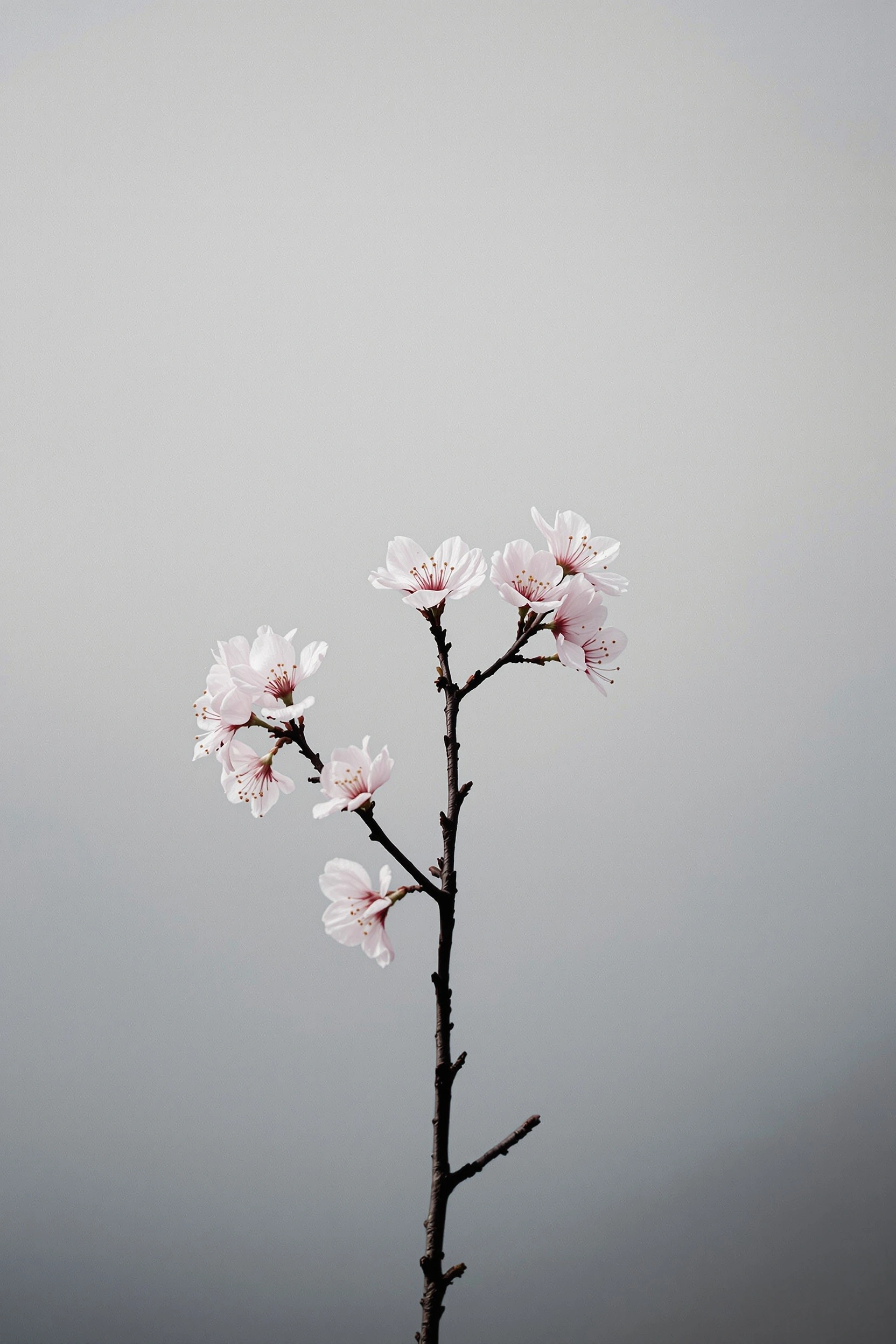 A spindly cherry-blossom twig rises from the lower frame, its few delicate blooms in pale pink crowning a dark wiry branch against a uniformly bone-grey overcast sky. Negative space dominates, the flowers floating like ink-wash brushstrokes. Minimalist composition, gentle muted palette, slight 6x7 medium-format softness and breath of grain.