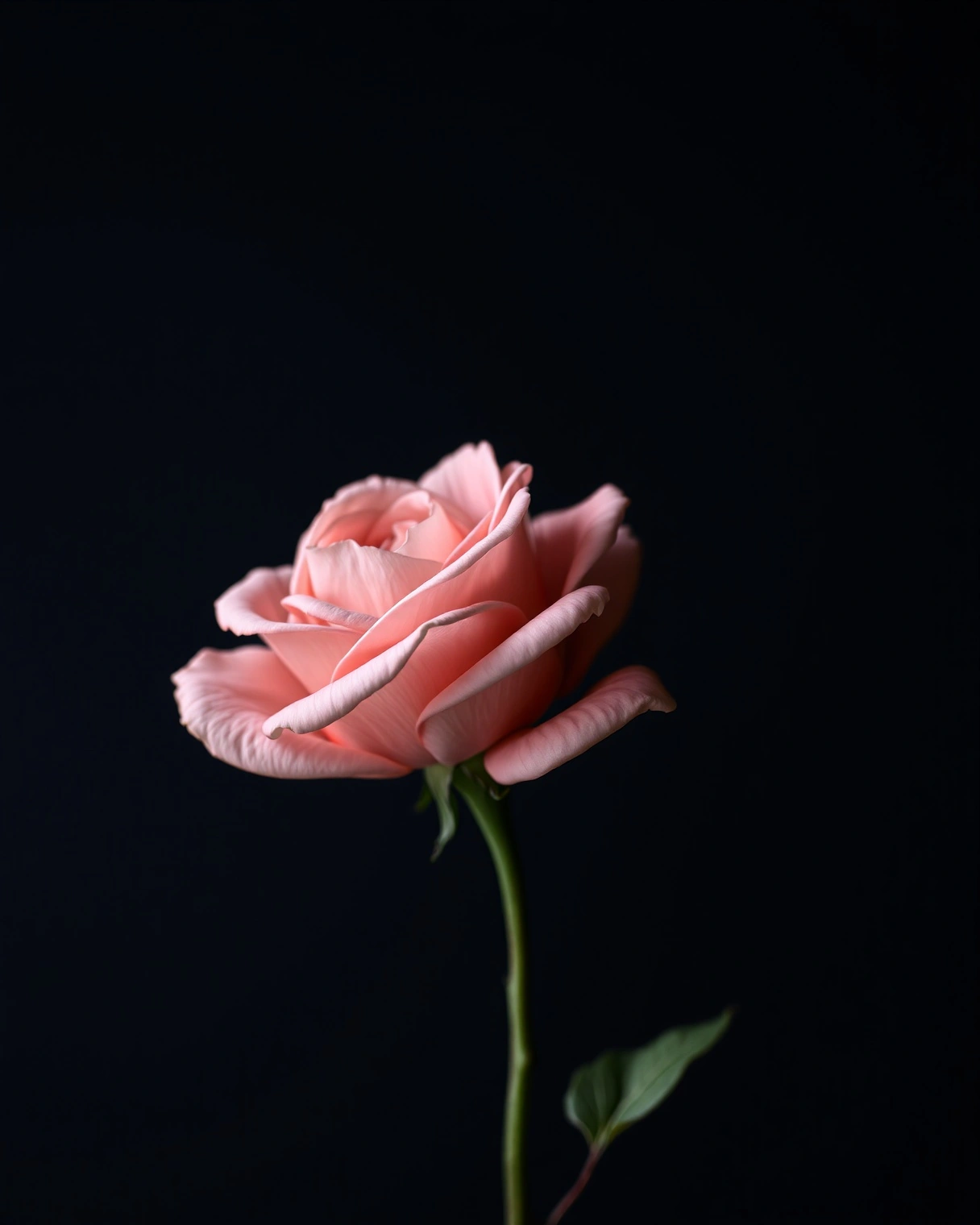 A solitary blush-pink garden rose holds the lower frame on a slim green stem, its layered petals curling softly against an almost-black slate void. A single key light skims from camera right, sculpting velvety petal edges while letting shadows swallow the background. Quiet, ceremonial mood with medium-format clarity and Portra-warm tonality.