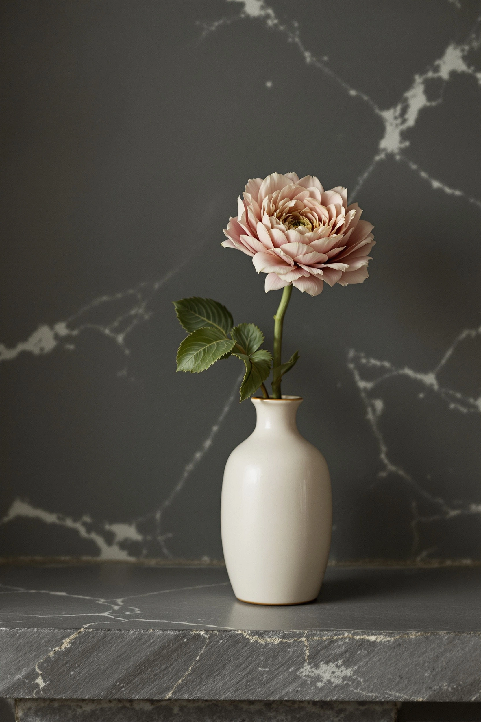 A tall slim ivory bottle vase holds a single dusty-rose ranunculus with two waxy green leaves, posed on a slate ledge against a soft grey wall veined with chalky white marbling. Diffuse studio light wraps the bloom evenly, no harsh shadows. Minimal botanical still, gallery-quiet composition.