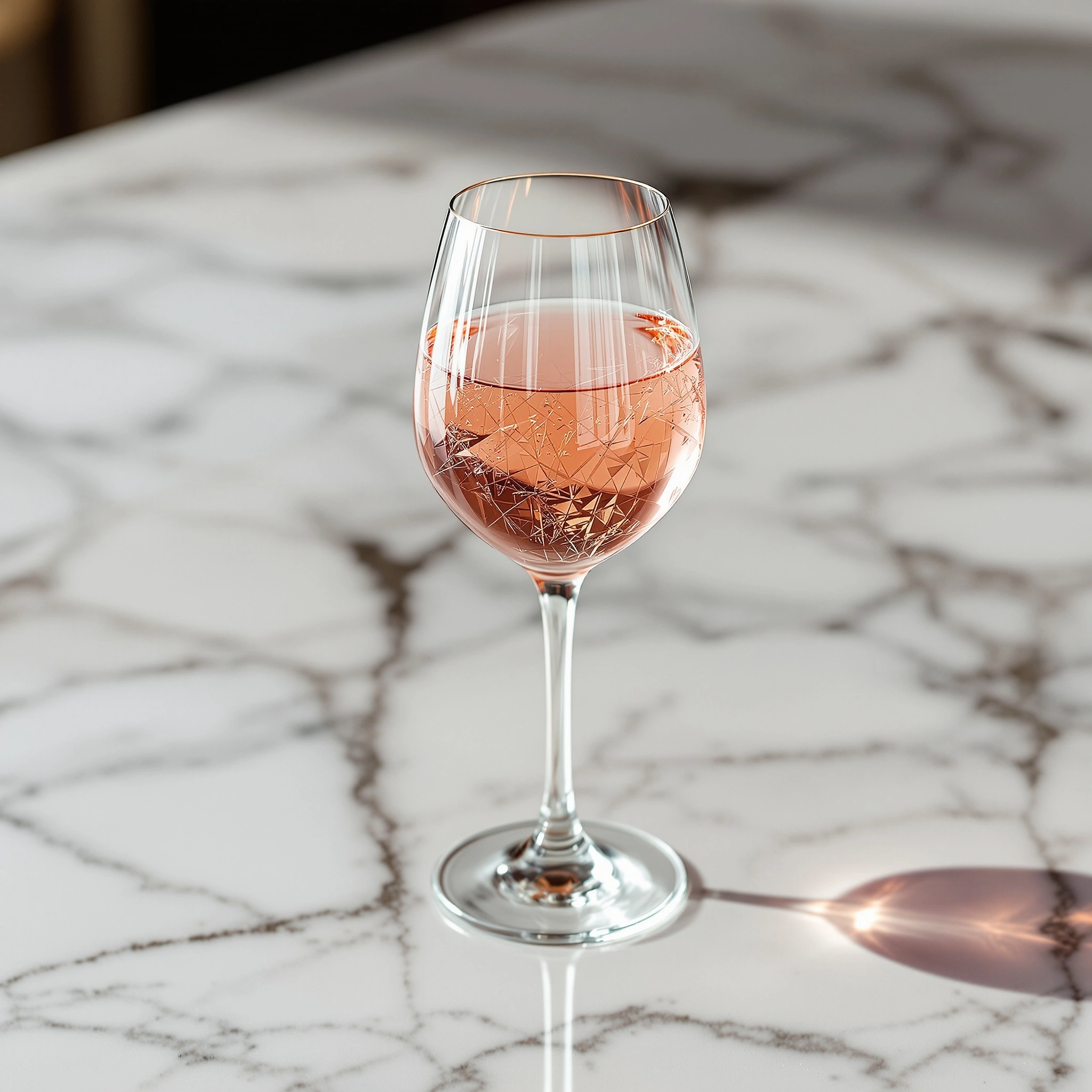 Tall fluted rose wine glass on a veined Calacatta bar top, faceted cuts refracting peach light through the pale pink liquid. Hard 3200K rim light flashes the rim and casts a long warm shadow across the marble veins, 100mm product still life with crystalline elegance.
