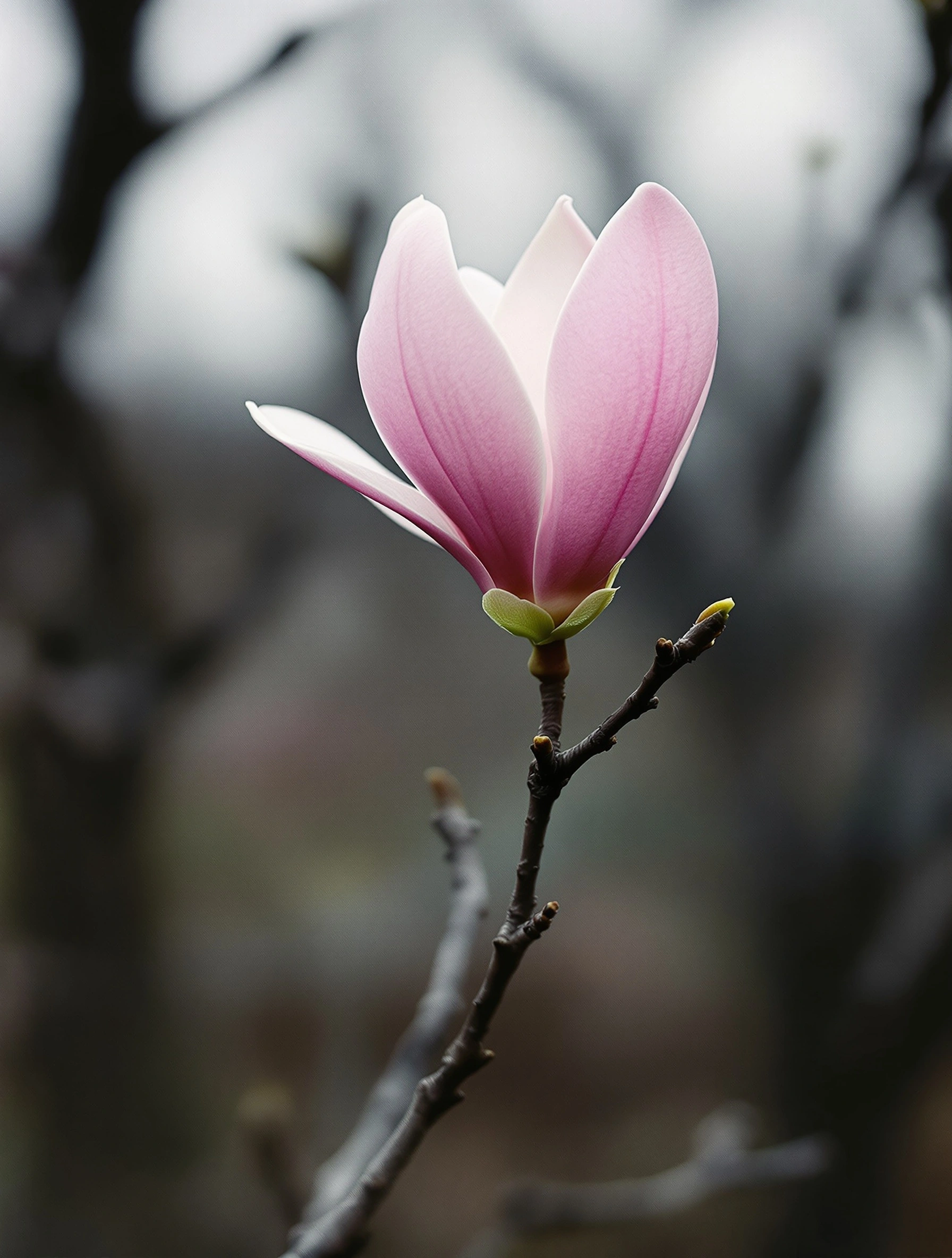 A solitary magnolia goblet opens at the tip of a bare twig, ivory petals flushing pink toward their edges, a small velvet bract still cupping the base. Surrounding branches dissolve into dusky grey-green bokeh under flat overcast light. Quiet early-spring melancholy, gentle pastel-on-graphite palette, telephoto separation and creamy film grain.