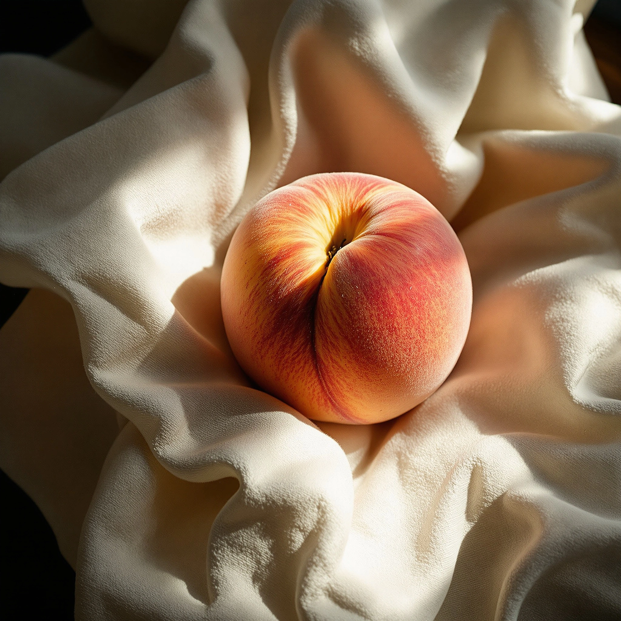 Overhead view of a ripe peach nested in crumpled bone-colored linen, blush running from yellow to coral across its fuzzed skin. Raking afternoon light carves deep shadows into the radiating folds and grazes the fruit's downy surface. Warm neutral palette, tactile food-editorial styling, near-tangible softness.