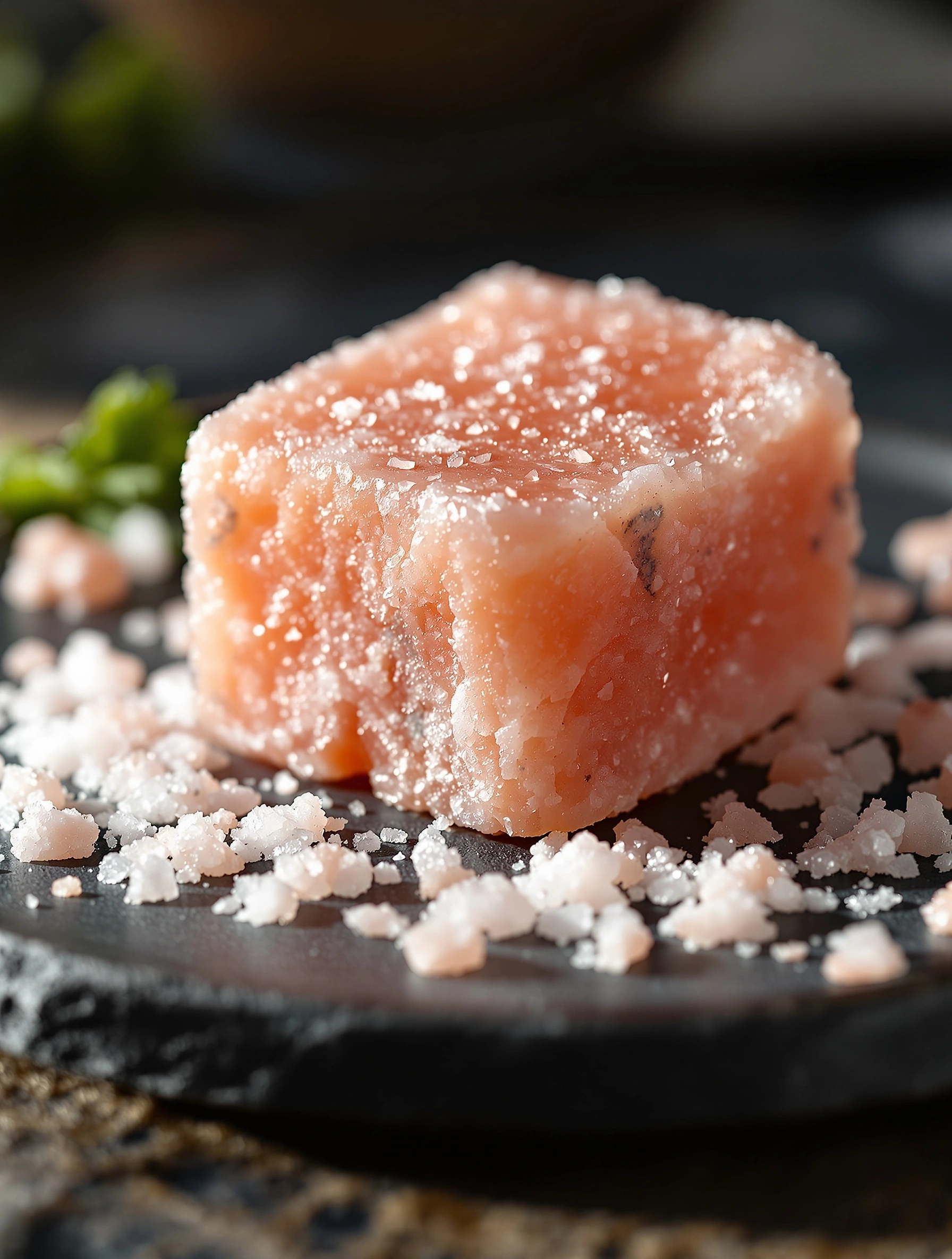 A rough-hewn cube of rose Himalayan salt sits on a dark slate disc, glittering crystals scattered like snowflakes around it. Raking afternoon light catches the translucent peach mineral so the corners glow from within. Macro food still, moody charcoal background, jewel-block textural contrast.