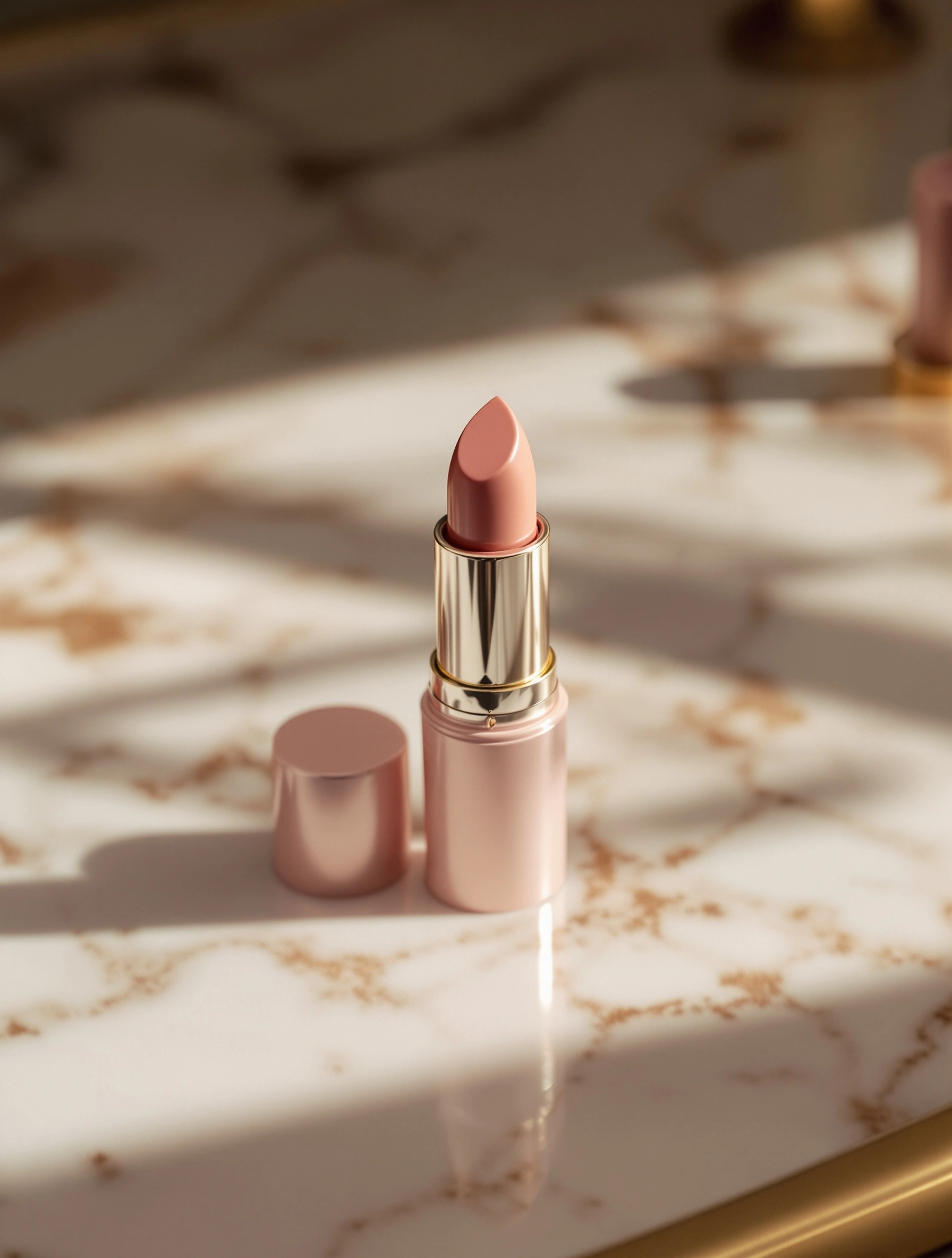 An uncapped nude-pink lipstick stands on a softly veined cream marble vanity, its rose-gold cap toppled beside it, a thin shaft of window light scoring the polished stone with bronze caustics. Shallow tilt-shift bokeh, prestige beauty advertising mood, 100mm macro at f/2.8.