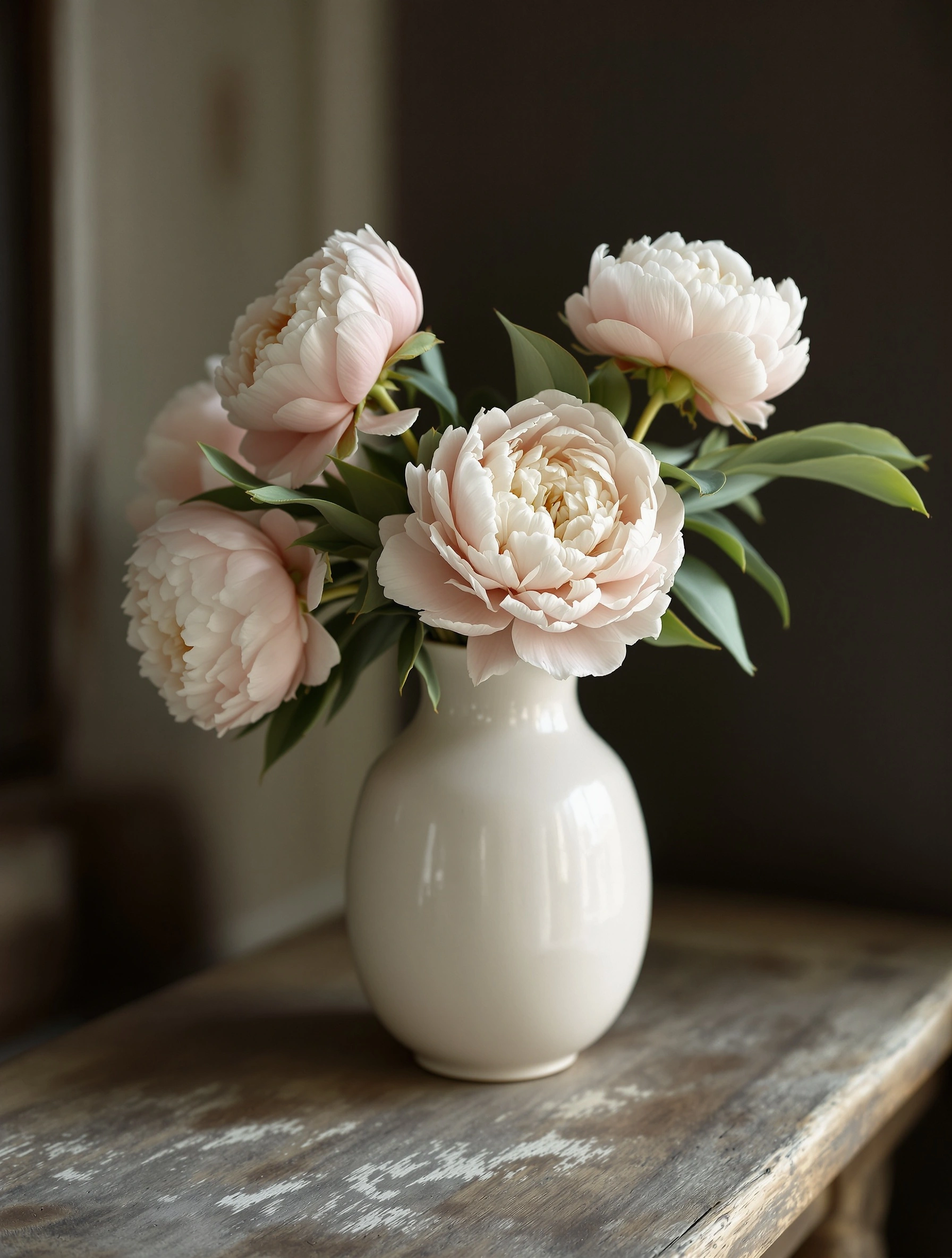 A glossy bone-white teardrop vase holds a cluster of blush peonies and sage eucalyptus on a paint-flecked oak table, the heavy blooms tilting toward unseen window light. Deep umber wall sinks into chiaroscuro behind, the petals glowing like candlewax. Old Dutch still-life mood, soft-focus 85mm rendering.