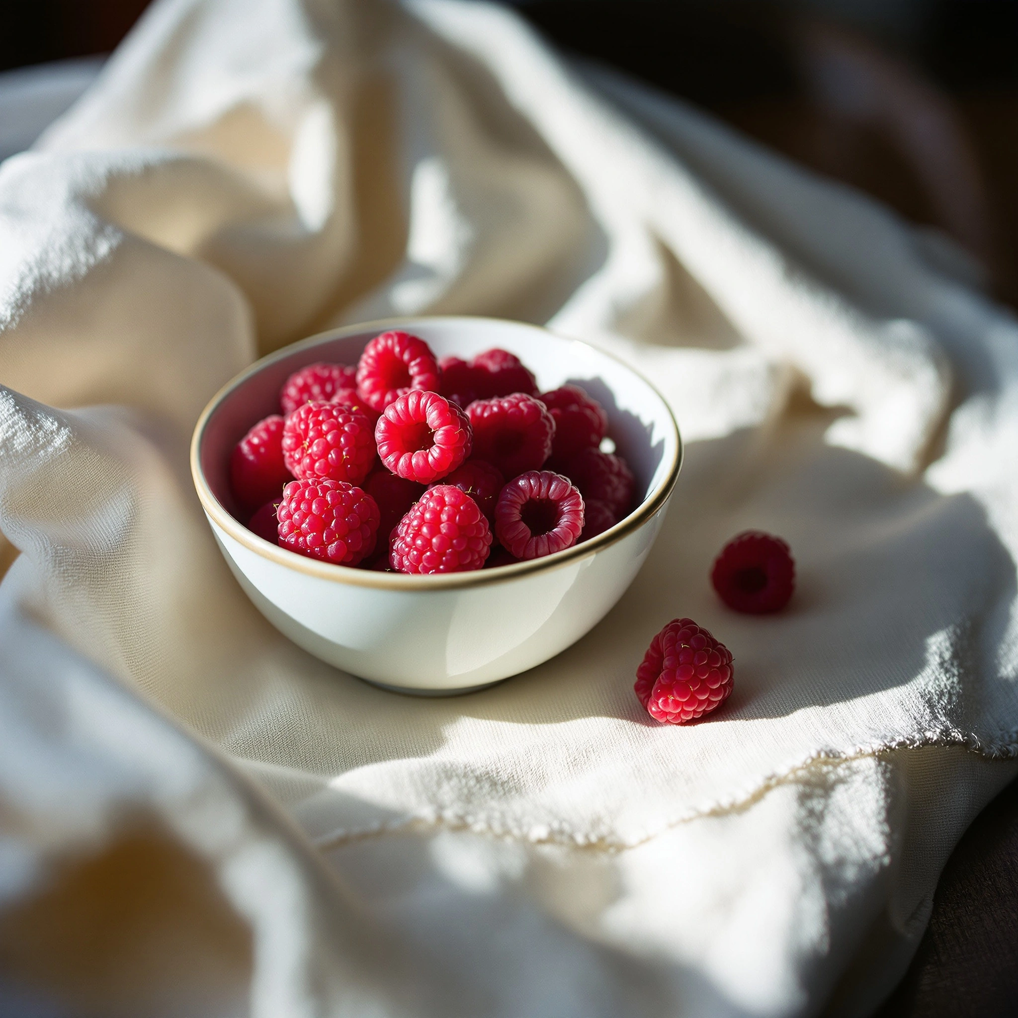 A gold-rimmed porcelain ramekin brims with plump raspberries on softly creased ecru linen, two stray berries fallen at the edge. A single hard shaft of window light slashes across the cloth, leaving the right side in moody shadow. Square overhead-tilted still life, dutch-master palette, 65mm at f/2.8.