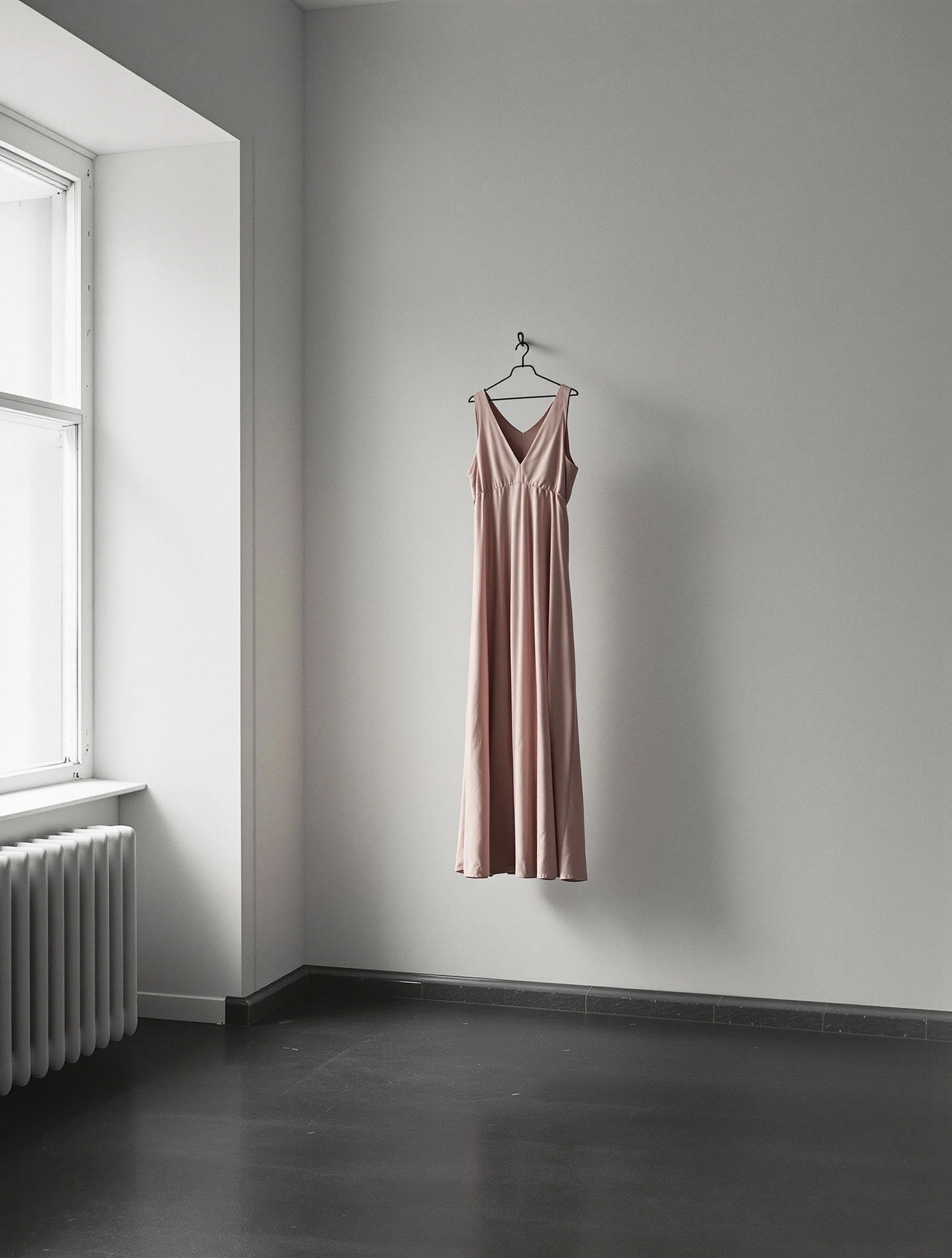 Bare studio room with chalk-white walls, slate-grey floor and an old cast-iron radiator beneath a tall sash window. A dusty-rose silk slip dress hangs from a single hook, falling in long quiet folds against the corner. Cool overcast light, minimalist editorial fashion still life.