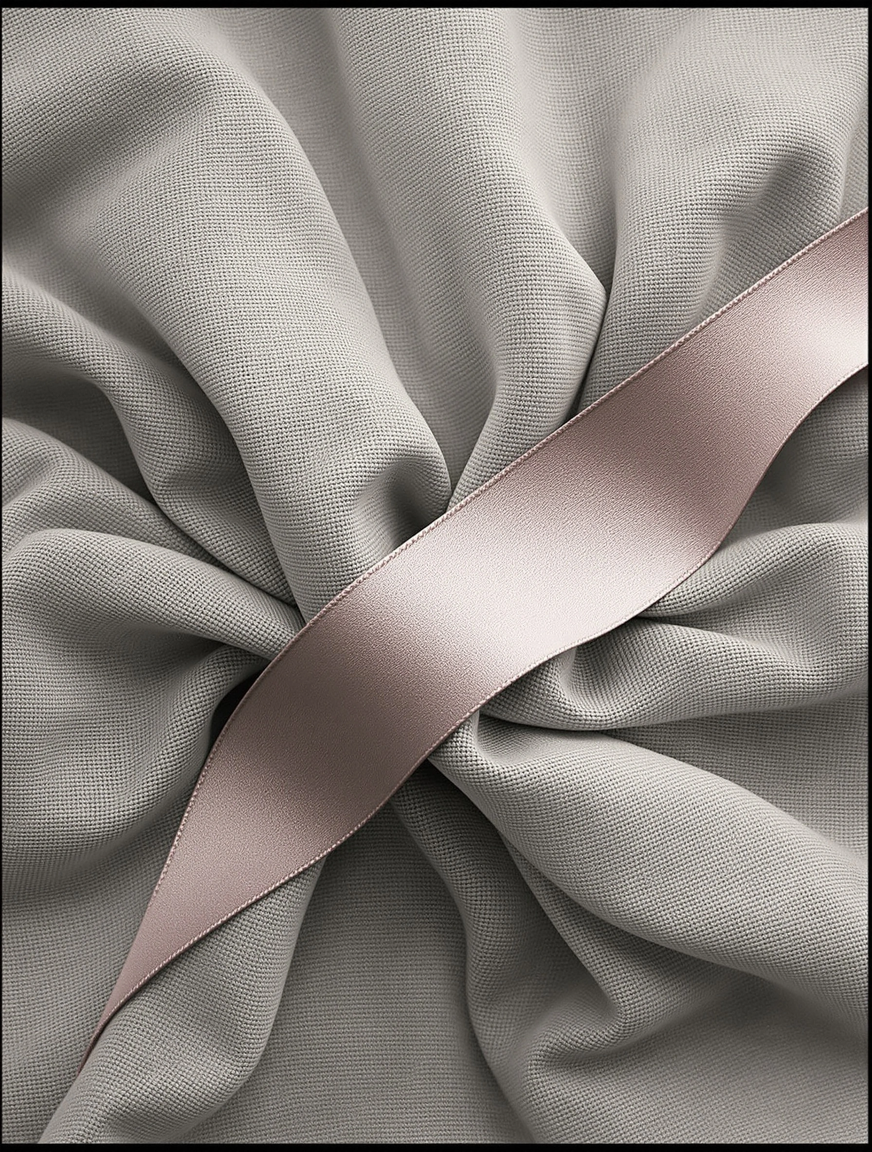 Overhead study of pale oat linen drawn into radiating folds, with a wide dusty-rose satin ribbon laid diagonally across the gathered center. Cool diffuse light grazes the weave, separating the matte cloth from the soft sheen of the silk. Muted, near-monochrome palette with a single warm accent, medium-format stillness, hushed editorial restraint.