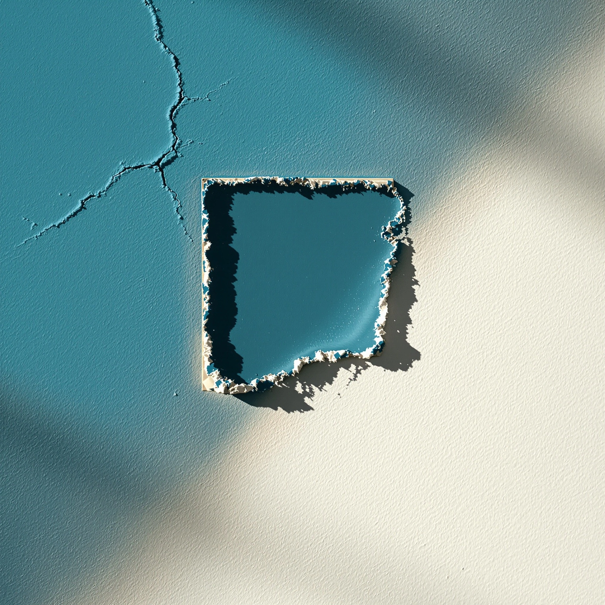 A torn rectangle of teal paint clings to a chalk-white plaster wall, its edges crumbling into jagged flecks. A hairline crack snakes upward from the patch as raking afternoon light casts a soft diagonal shadow across the surface. Sea-glass blue against bone, abstract texture study.