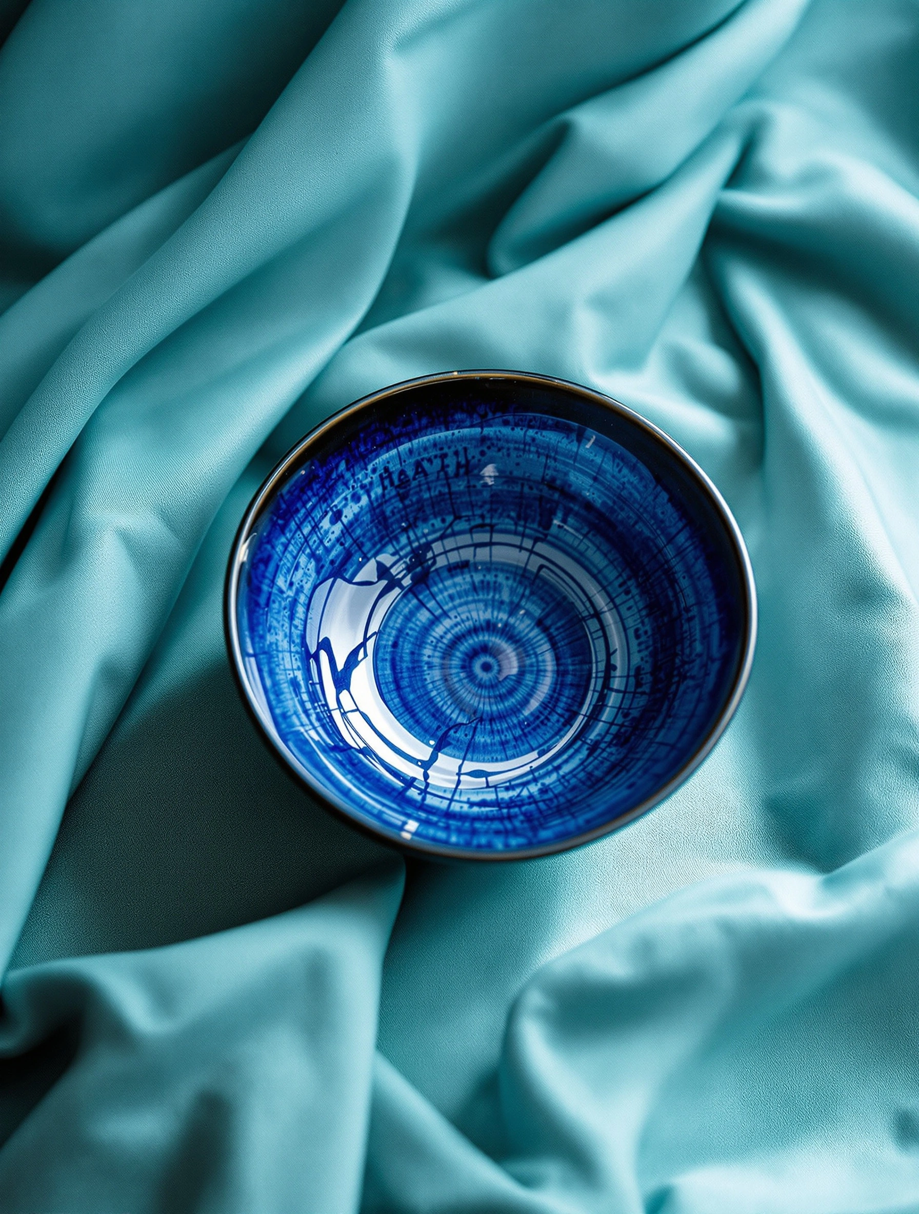An indigo-glazed bowl with a bronze rim nestles in folds of aqua satin linen, its interior streaked in radial cobalt brushstrokes that catch a single window highlight. The cloth pools in soft pleats around it. Sea-glass and ultramarine palette, 85mm shallow focus, hushed editorial tabletop.