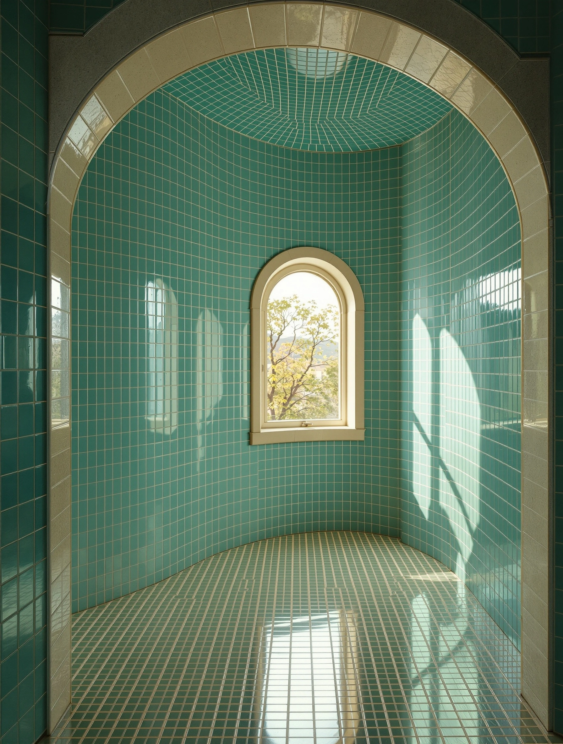 A barrel-vaulted chamber clad floor-to-ceiling in tiny jade-teal mosaic tiles ends at a small arched window framing a pale tree against bright sky. Sunlight reverberates across the curved walls in luminous patches. Symmetrical single-point perspective, Wes Anderson stillness, the glassy fidelity of a tilt-shift lens.
