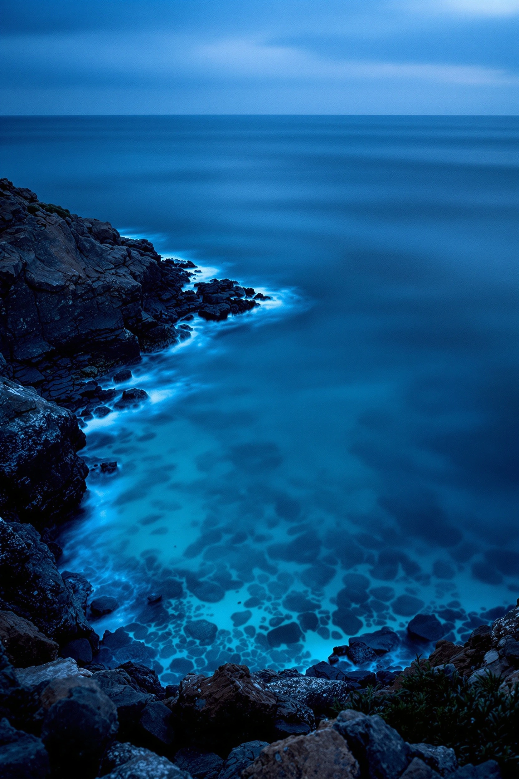 From a rocky headland the eye drops into a luminous turquoise shallow pocked with submerged boulders, the cove opening to a long-exposure sea smoothed into milky cobalt. Slate-grey crags frame both edges as twilight bruises the horizon. Tripod-locked long exposure, moody dusk monochrome blues.
