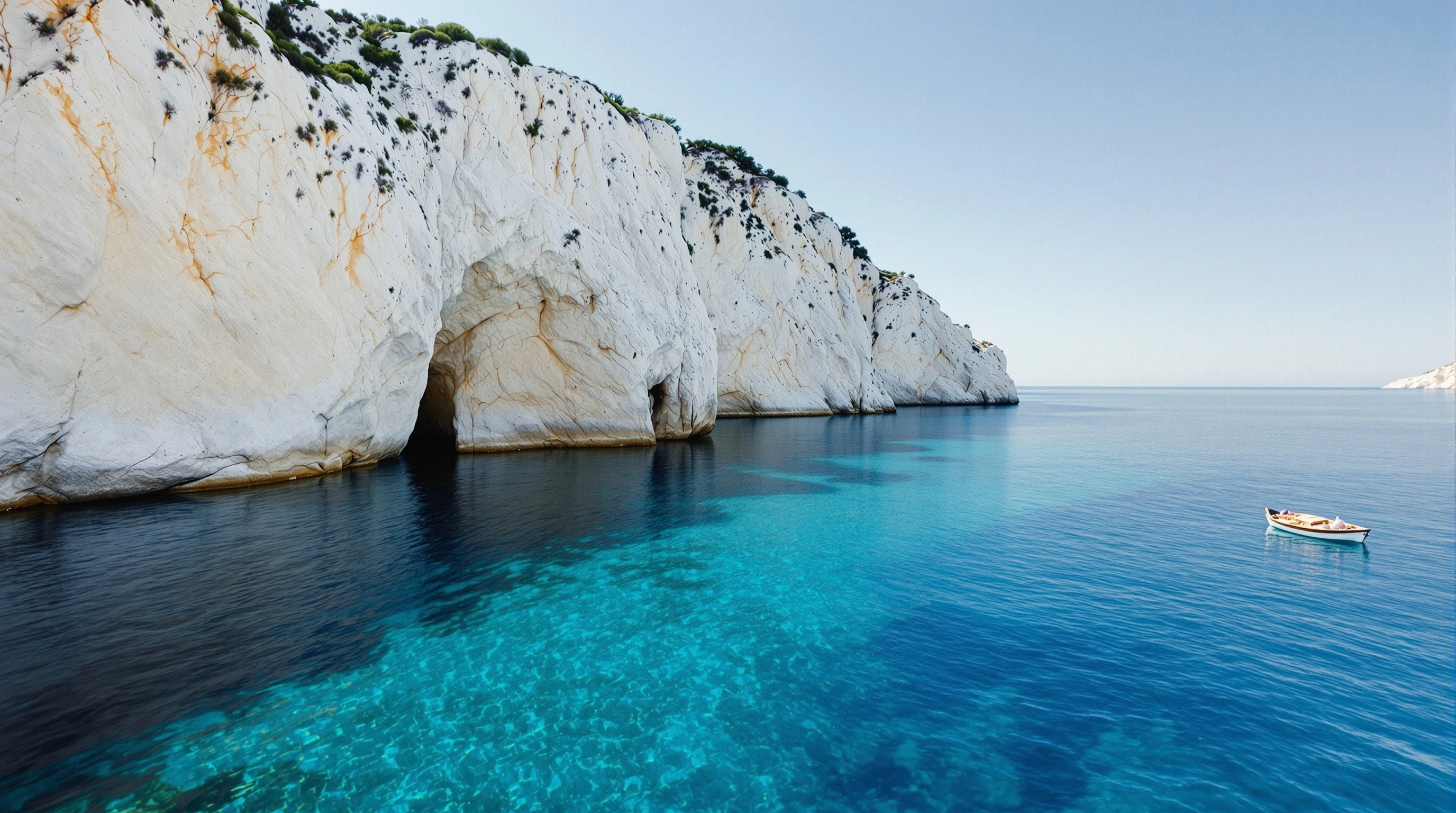 Bone-white limestone cliffs scalloped with sea caves drop into translucent turquoise water, rocky shoals visible beneath the surface. A tiny wooden skiff drifts at the far right, lending scale to the cobalt horizon. Aerial midday clarity, panoramic 16:9 framing, Ionian holiday postcard mood.