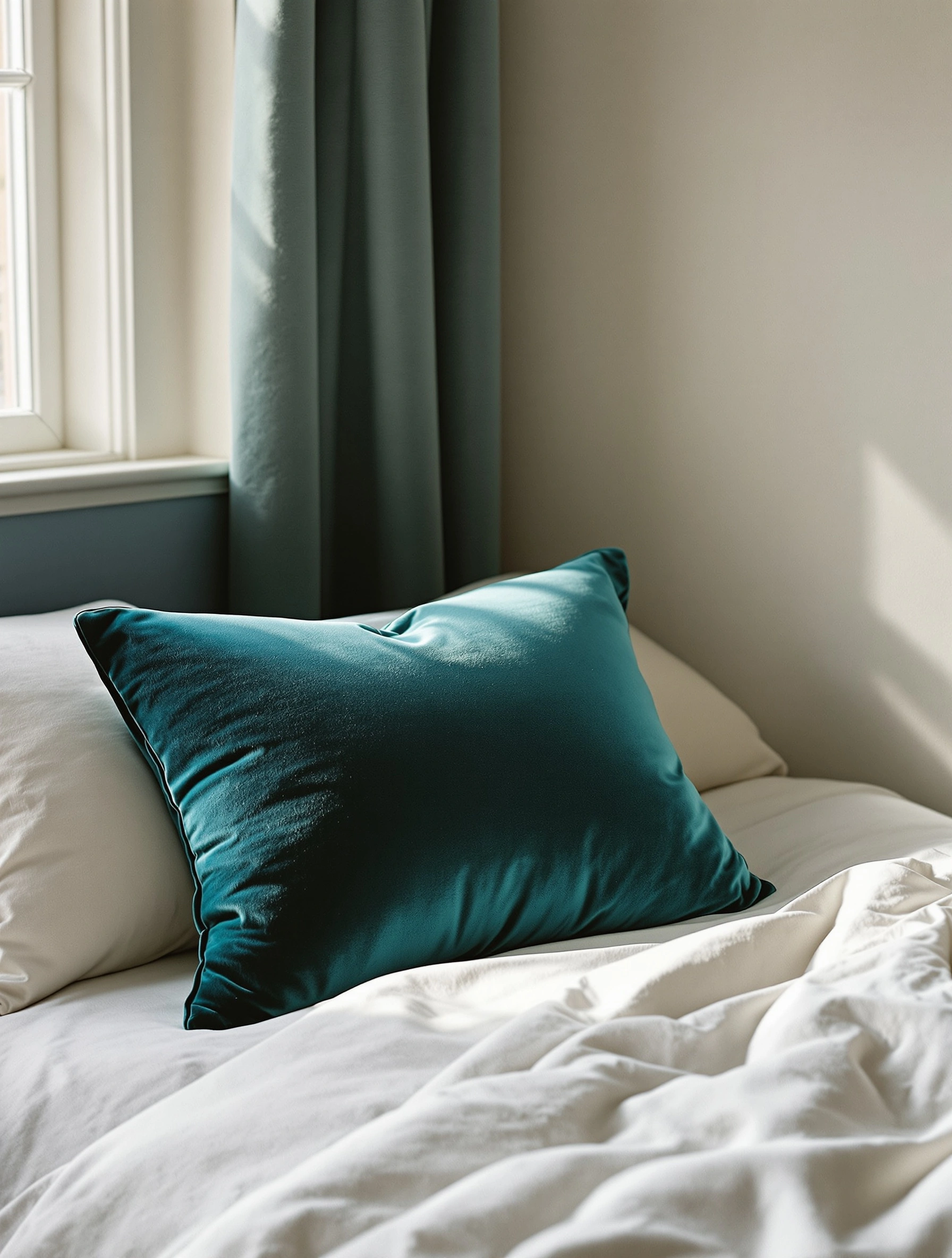 A plush teal velvet cushion catches a slant of window light on rumpled bone-linen bedding, the pile shimmering between deep peacock and emerald. A matching curtain hangs heavy in the corner against pale putty walls. Quiet hotel-room intimacy, soft contrast, editorial interiors palette.