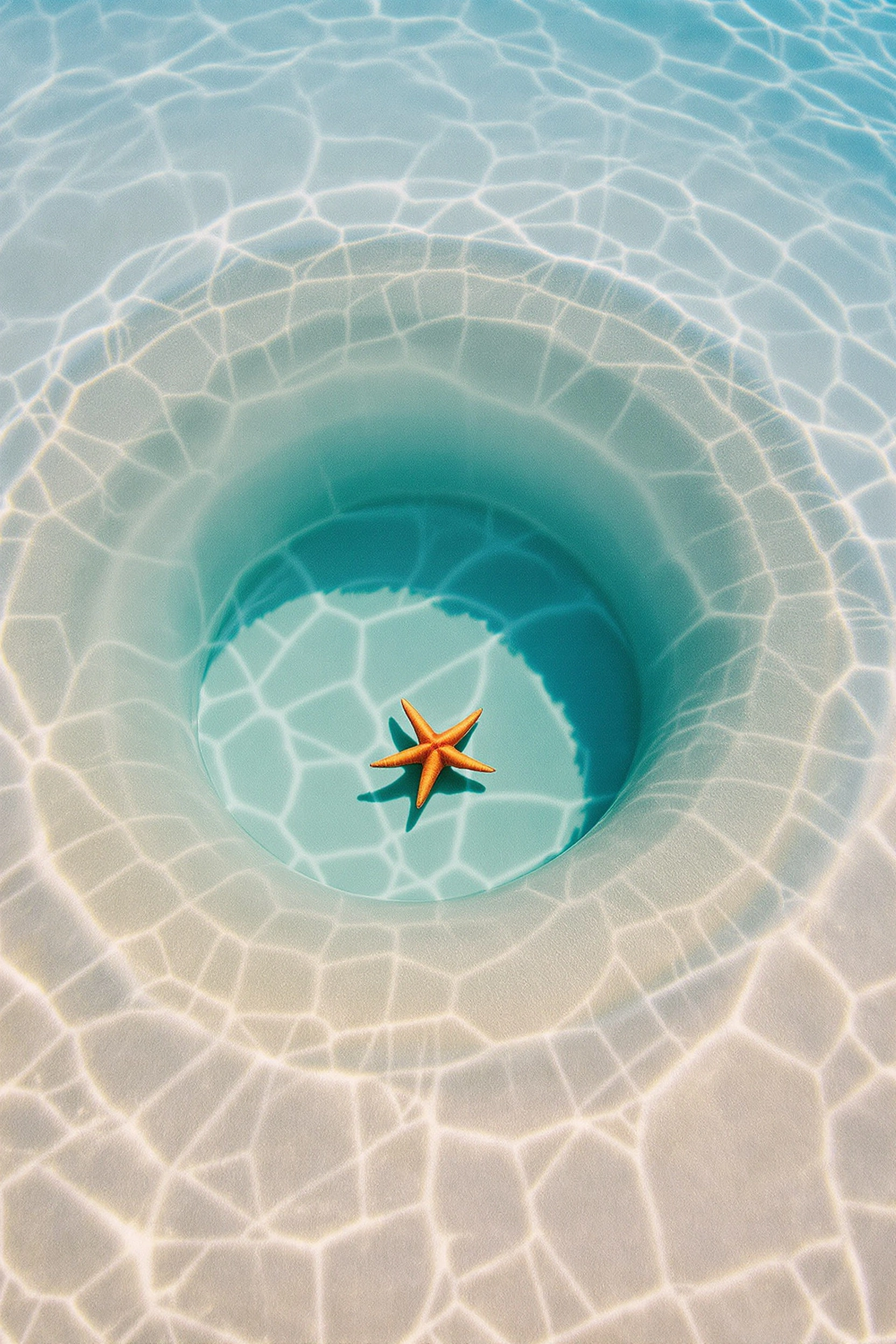 Overhead view of a circular sandy depression in clear turquoise water, caustic web patterns dancing across the bottom. A small orange starfish rests slightly off-center within the deeper inner ring, alone in the rippling blue. Aerial minimalism, dreamy aquatic pastels, near-abstract composition.