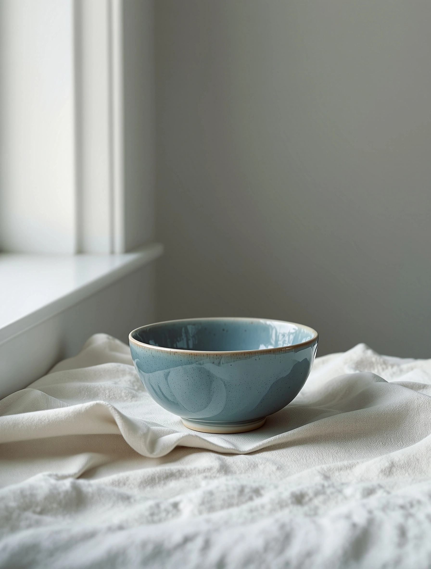 A reactive-glaze stoneware bowl in pale sea blue sits on rumpled bone linen beside a white-painted window frame. Cool north light wraps the rim and pools across the cloth in soft folds. Centered composition, taupe wall, quiet wabi-sabi mood, 100mm with the gentle gradation of medium-format Portra.
