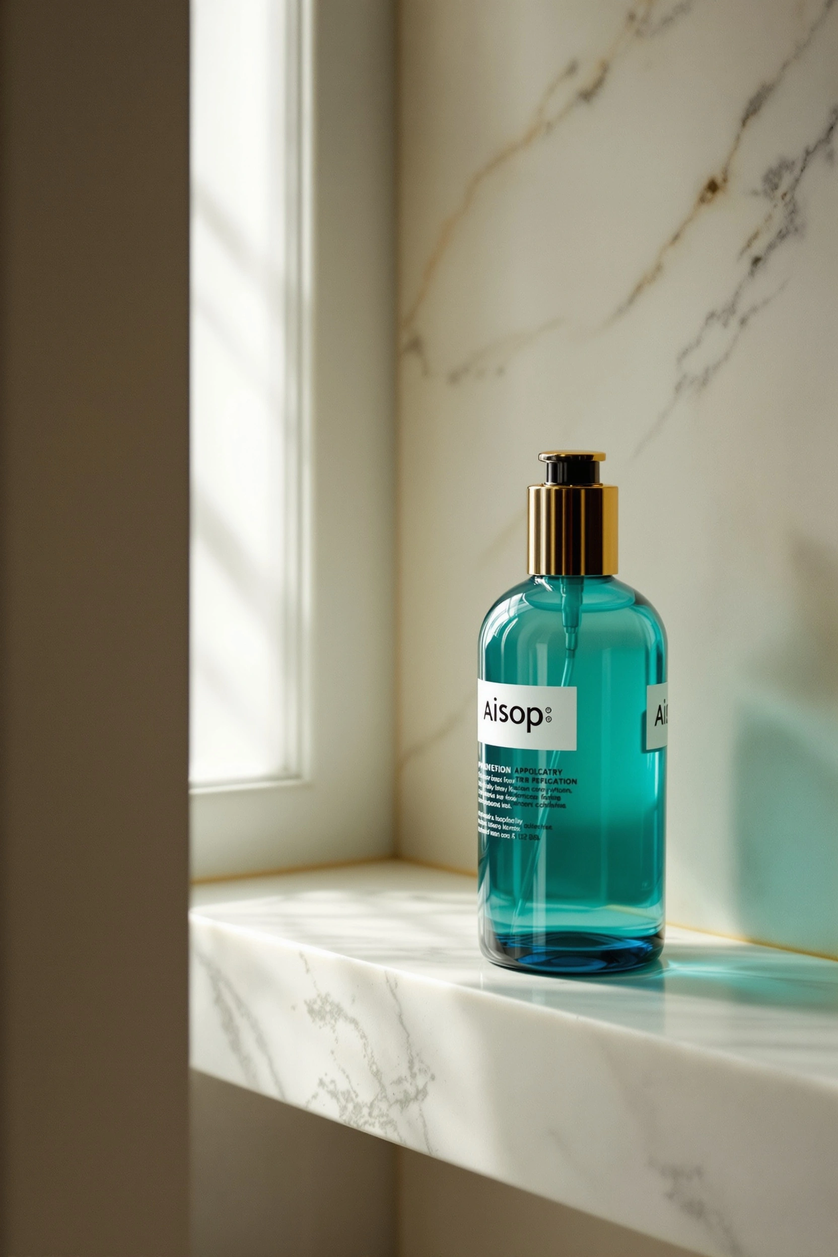 Teal glass apothecary bottle with brass pump perched on a veined Carrara ledge beside a window, an Aesop-style label crisp against the translucent body. Cool north light filters through the bottle casting a sea-green wash on the marble, minimalist editorial product framing with vertical breathing room.