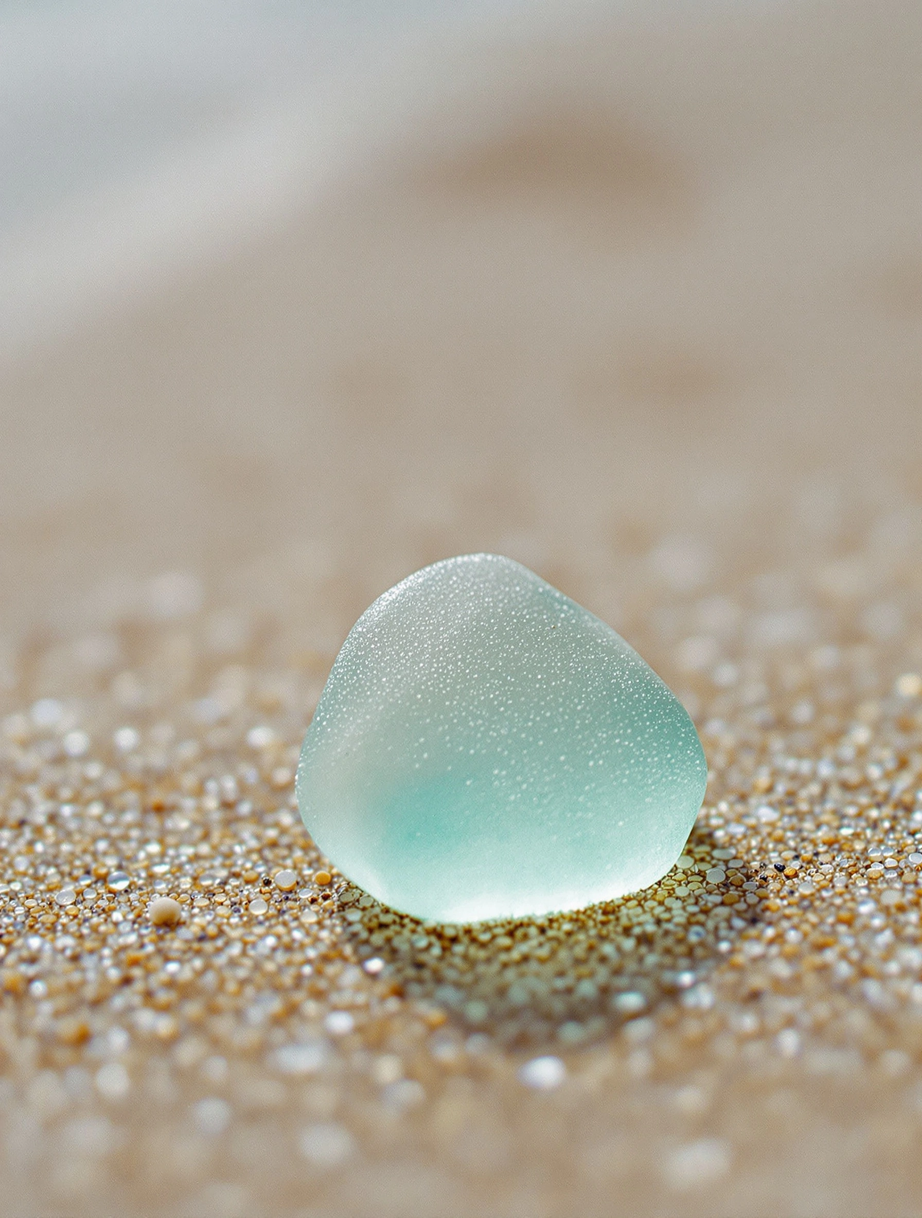 A single frosted teardrop of pale aqua sea glass nestles in fine damp sand, the surface pitted with tiny pock marks and a green core glowing through. Soft overcast morning light from beyond the surf line haloes the gem and scatters across the gritty grains. Macro intimacy, sandy ochre versus mint, contemplative coastal quiet.