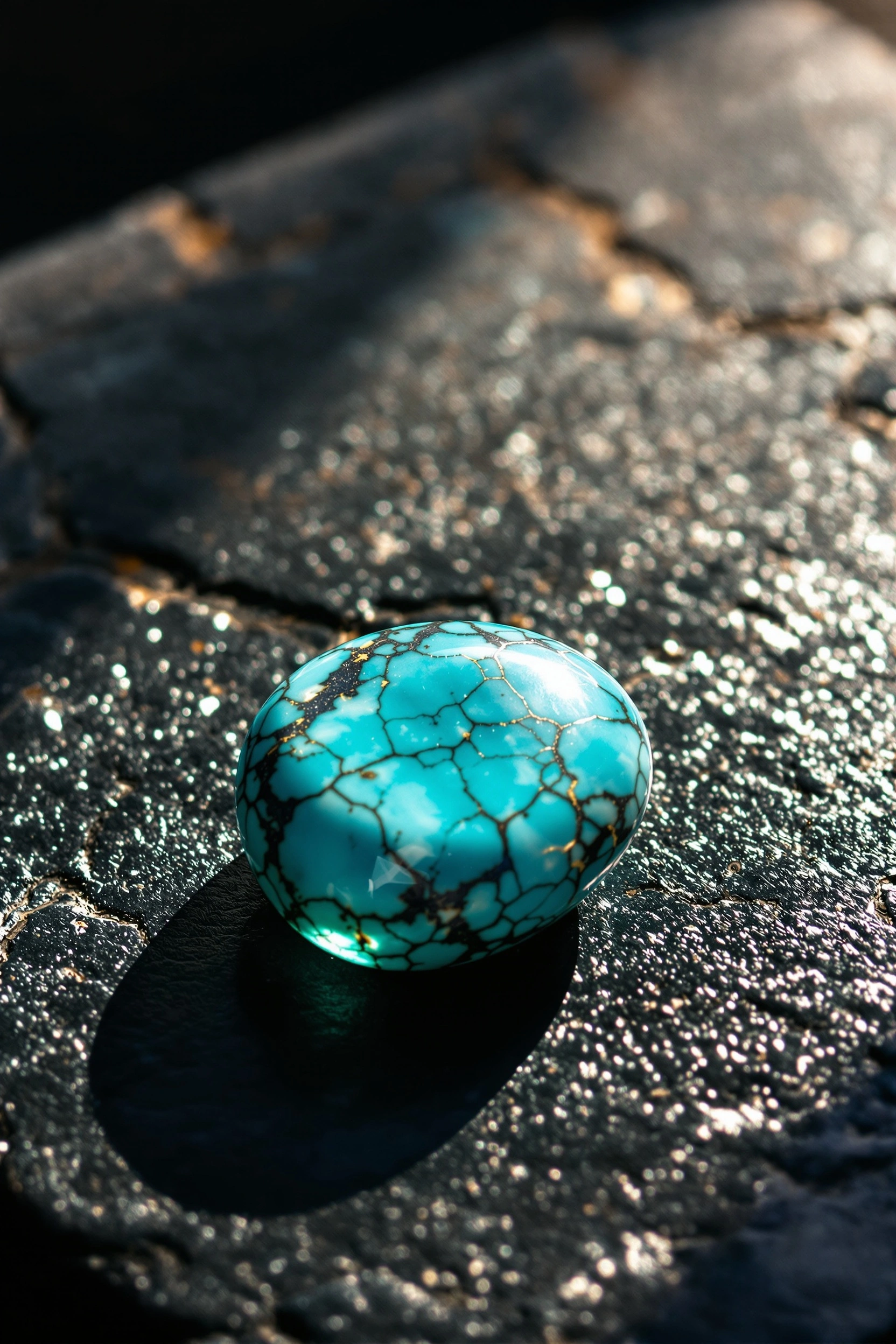 A polished turquoise cabochon webbed with dark spiderwork veining rests on coarse charcoal slate, raking afternoon light catching every quartz fleck on the stone's surface. A long soft shadow stretches diagonally across the textured plate, cooled teal against warm sparkle. Macro precision with shallow depth and a hushed, museum-still atmosphere.