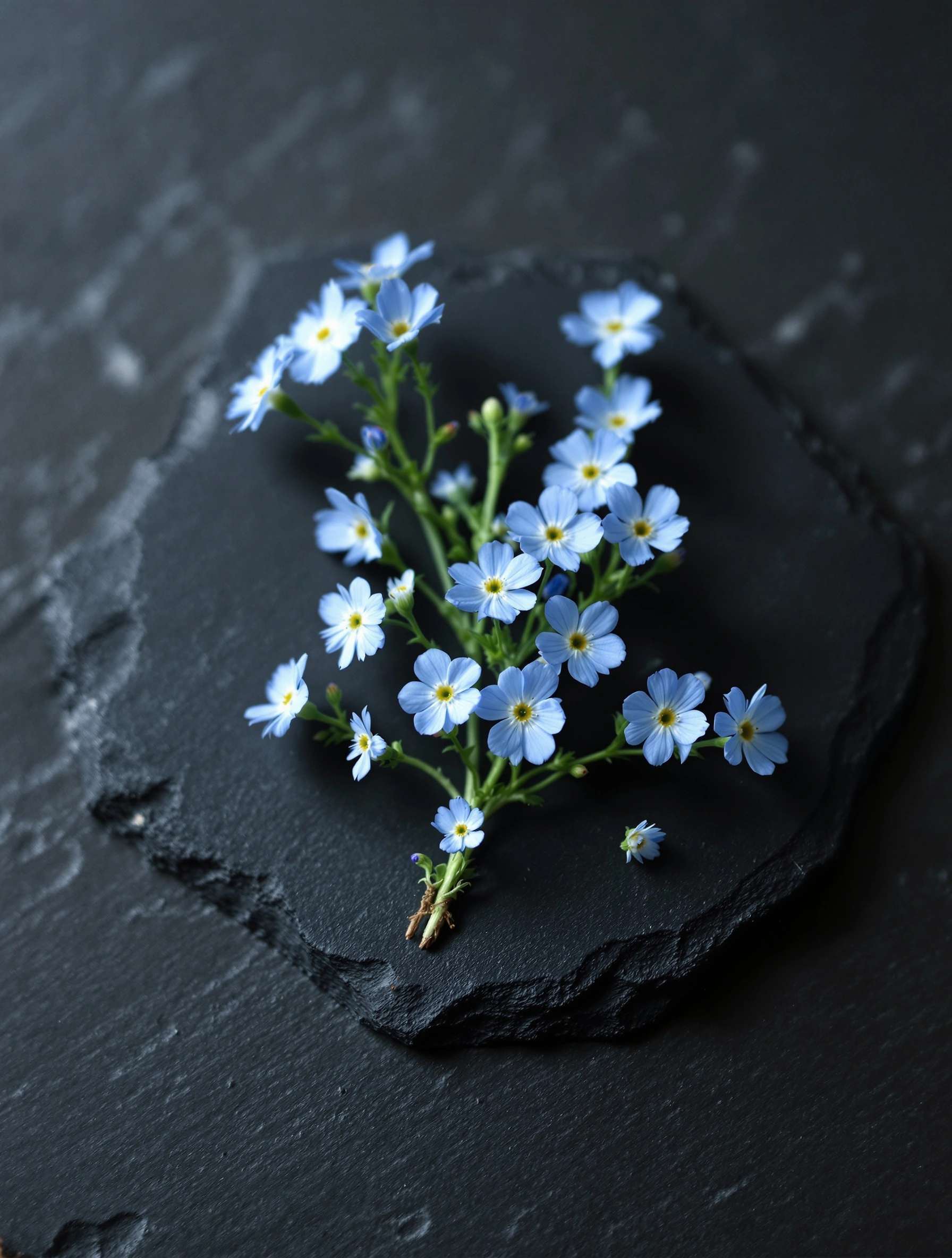 A small bouquet of forget-me-nots, pale sky-blue petals with tiny yellow centers, lies on a hexagonal slab of charcoal slate. Diffuse overhead light catches the wiry green stems and scatters faint flecks across the dark mineral surface. Top-down macro, near-monochrome cool palette punctuated by sea-glass blue, quiet botanical hush.