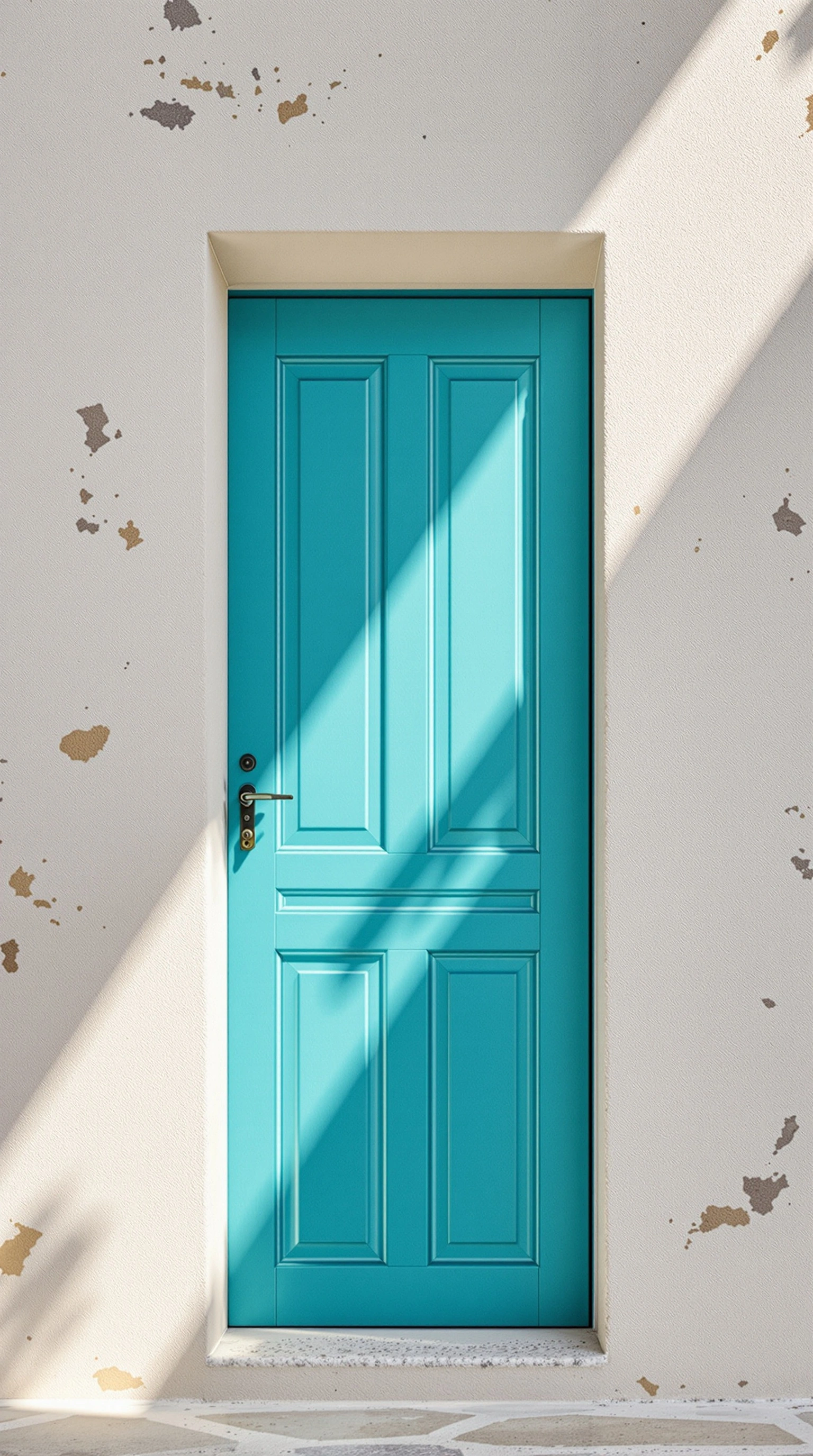 A tall turquoise-painted paneled door is set into a chalky beige stucco wall pocked with weathered patches, brass hardware glinting at hip height. A diagonal slash of hard midday sun cuts across the facade, splitting the door into bright cyan and cooler shadowed teal. Cycladic minimalism, square-framed, sun-baked clarity.