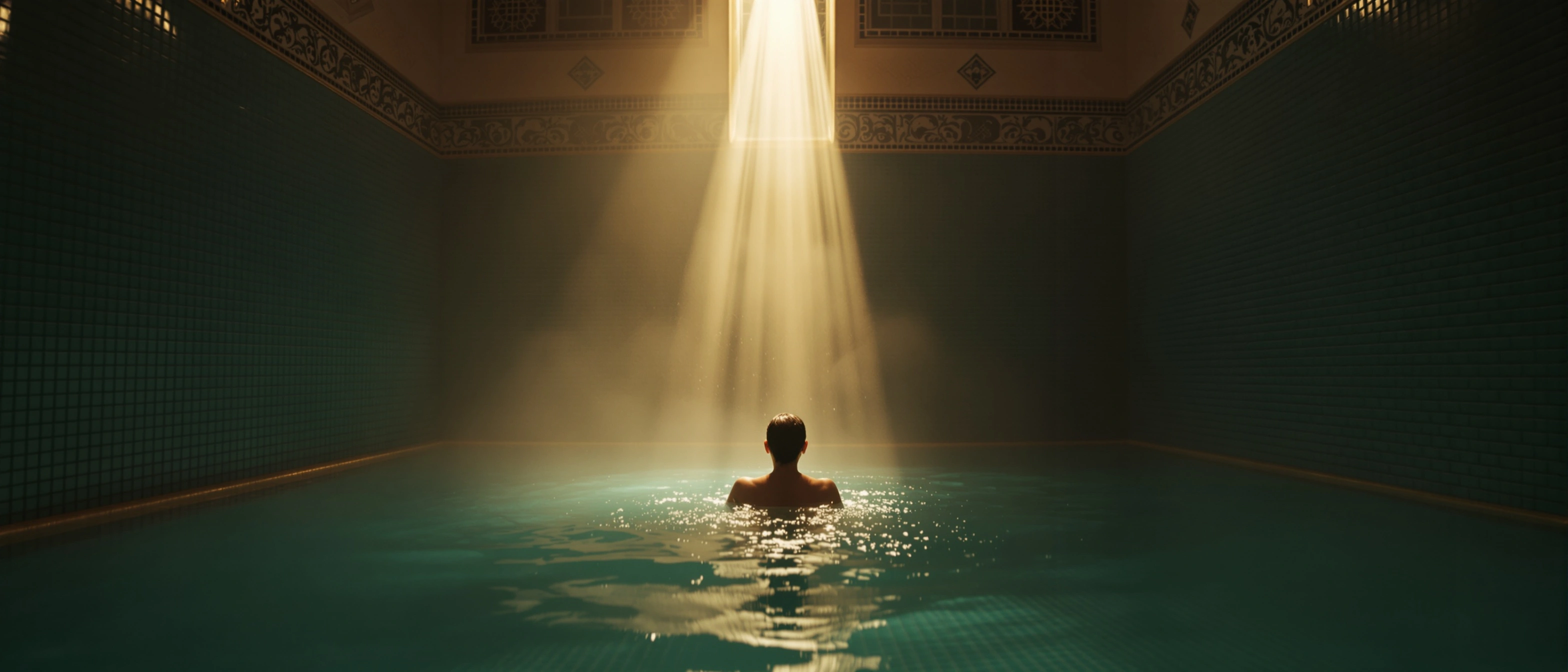 Anamorphic wide of a Moroccan hammam, the head and shoulders of a bather emerging at center from a glassy aqua pool. A single golden shaft falls from a high oculus, atomized in mist against painted zellige walls. Cinematic 2.35:1 composition, deep teal and amber duotone, monumental hush.