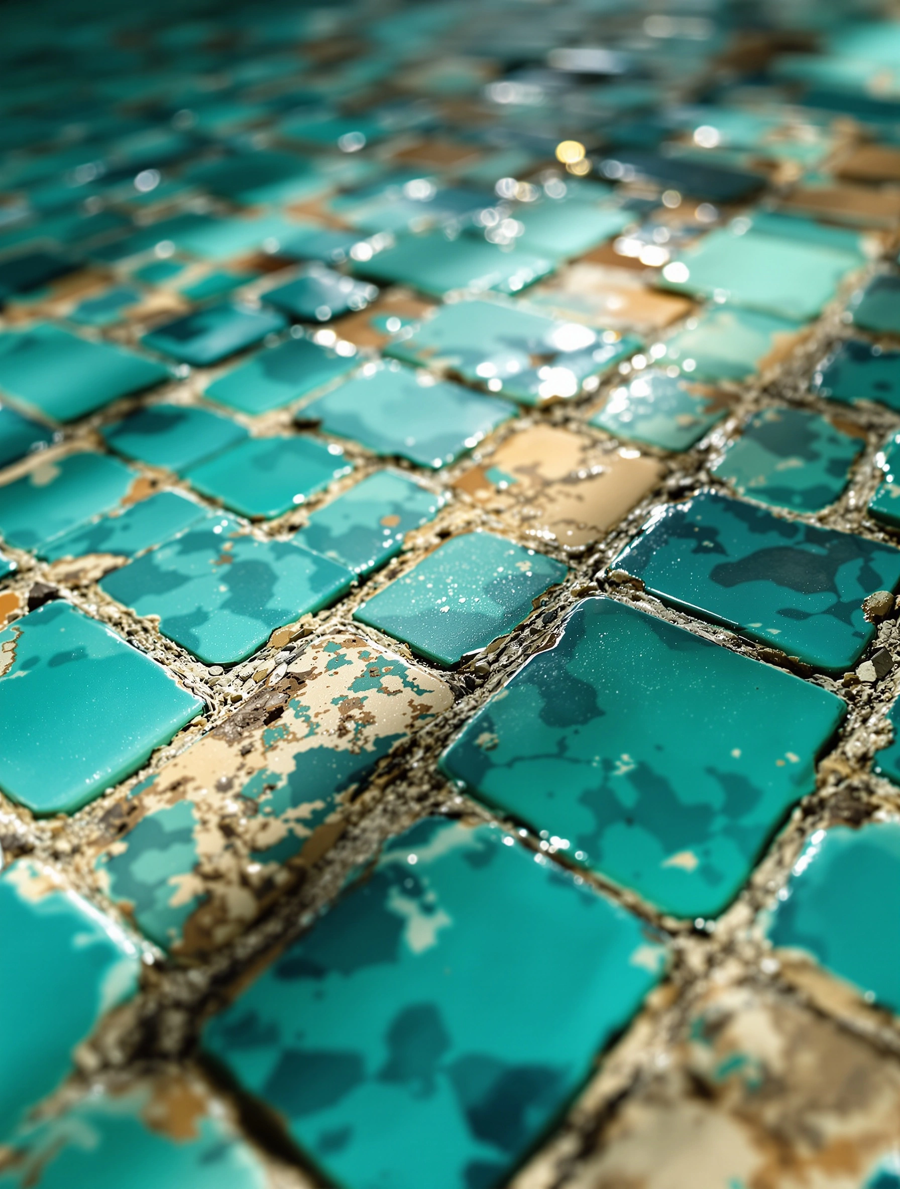 Tight low-angle macro across a weathered mosaic floor of square aqua and turquoise tiles, gritty pale grout lines worming between them. Some tiles glaze-cracked, others water-darkened to deep teal. Raking sidelight catches glossy ceramic highlights, shallow tilt-shift focus collapsing the field into a jeweled river of cyan.