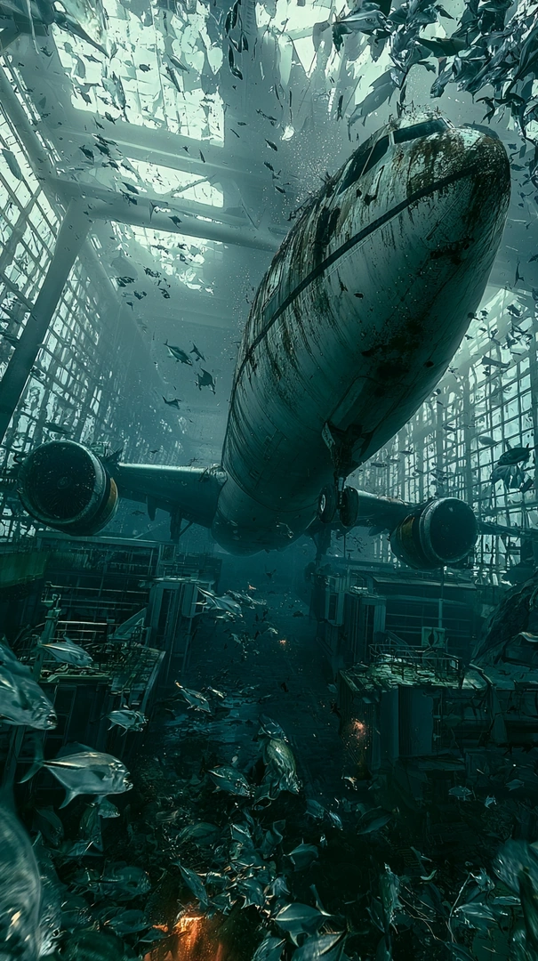First-person plunge through a sunken hangar, the corroded fuselage of a submerged airliner looming overhead while schools of fish dart past shattered windows. Caustic shafts of green-teal light cut down through the ceiling, scaffolding and debris bristling below. Concept-art realism, cold abyssal palette, kinetic motion blur.