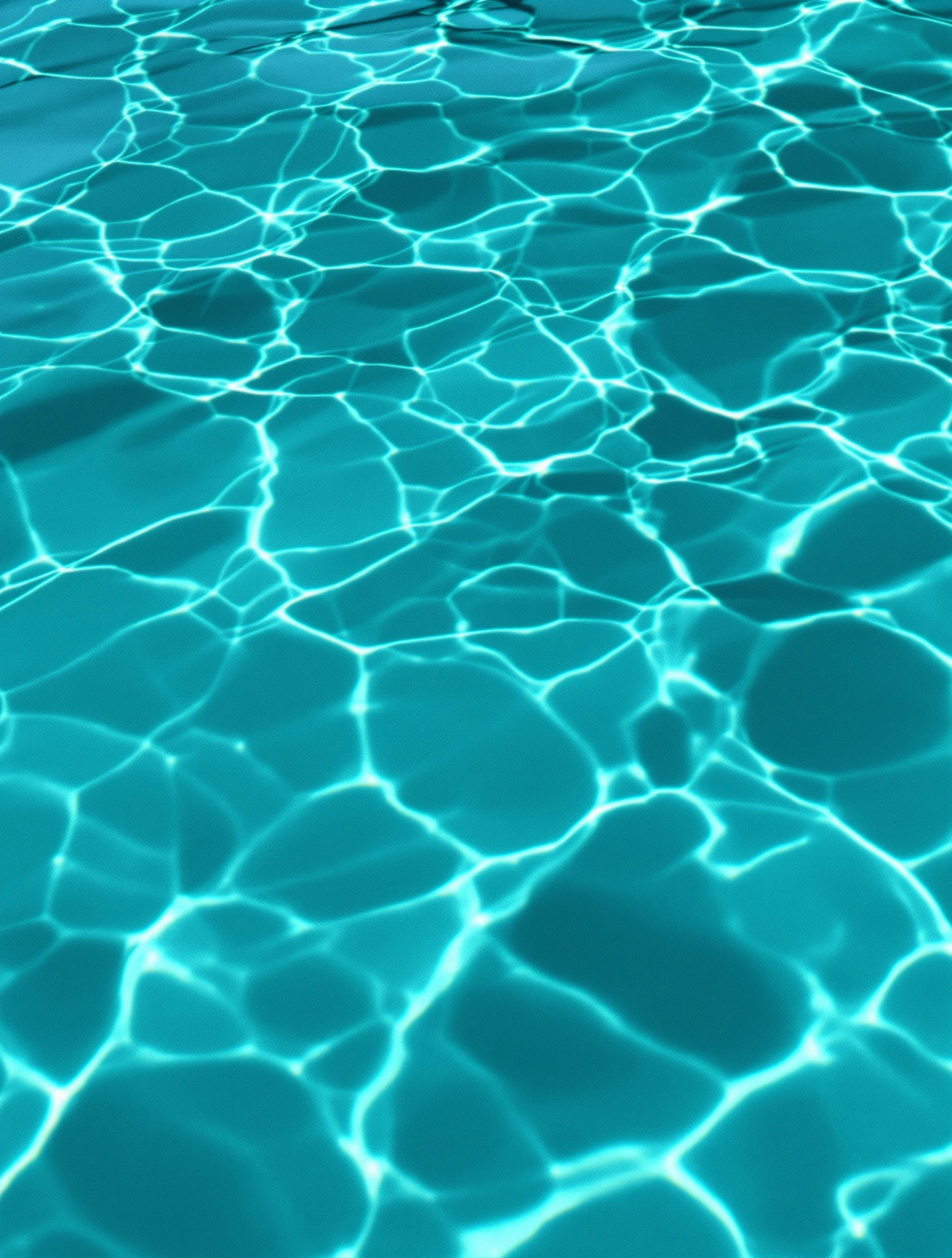 Midday pool surface viewed slightly from above, sunlight knitted into a web of bright caustic veins drifting across turquoise water. The refractions intensify in the lower corners and dissolve toward darker aqua at top. Hockney-blue palette, hypnotic geometric ripple, summer-noon clarity.