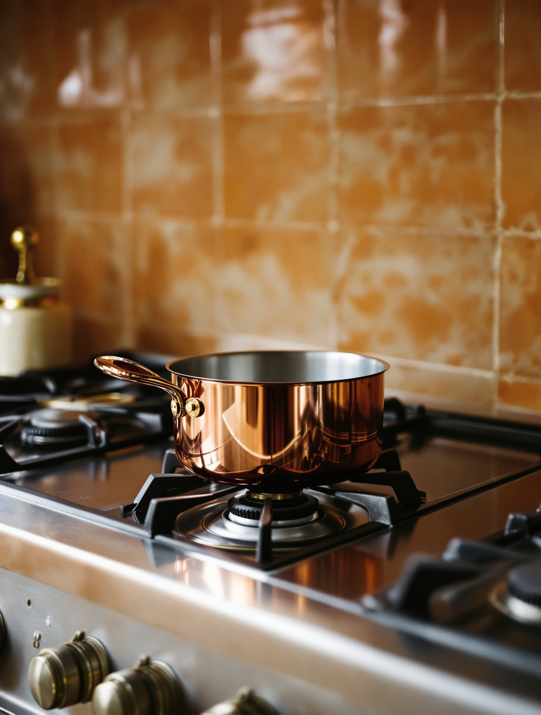 A polished copper saucepan with brass rivets sits over a gas burner on a stainless range, mirrored highlights gleaming on its belly. Behind it, a sienna-glazed tile backsplash catches warm overhead window light, an enamel coffee canister tucked at the left. Mediterranean kitchen still life, copper-on-amber tonality, glossy editorial detail.