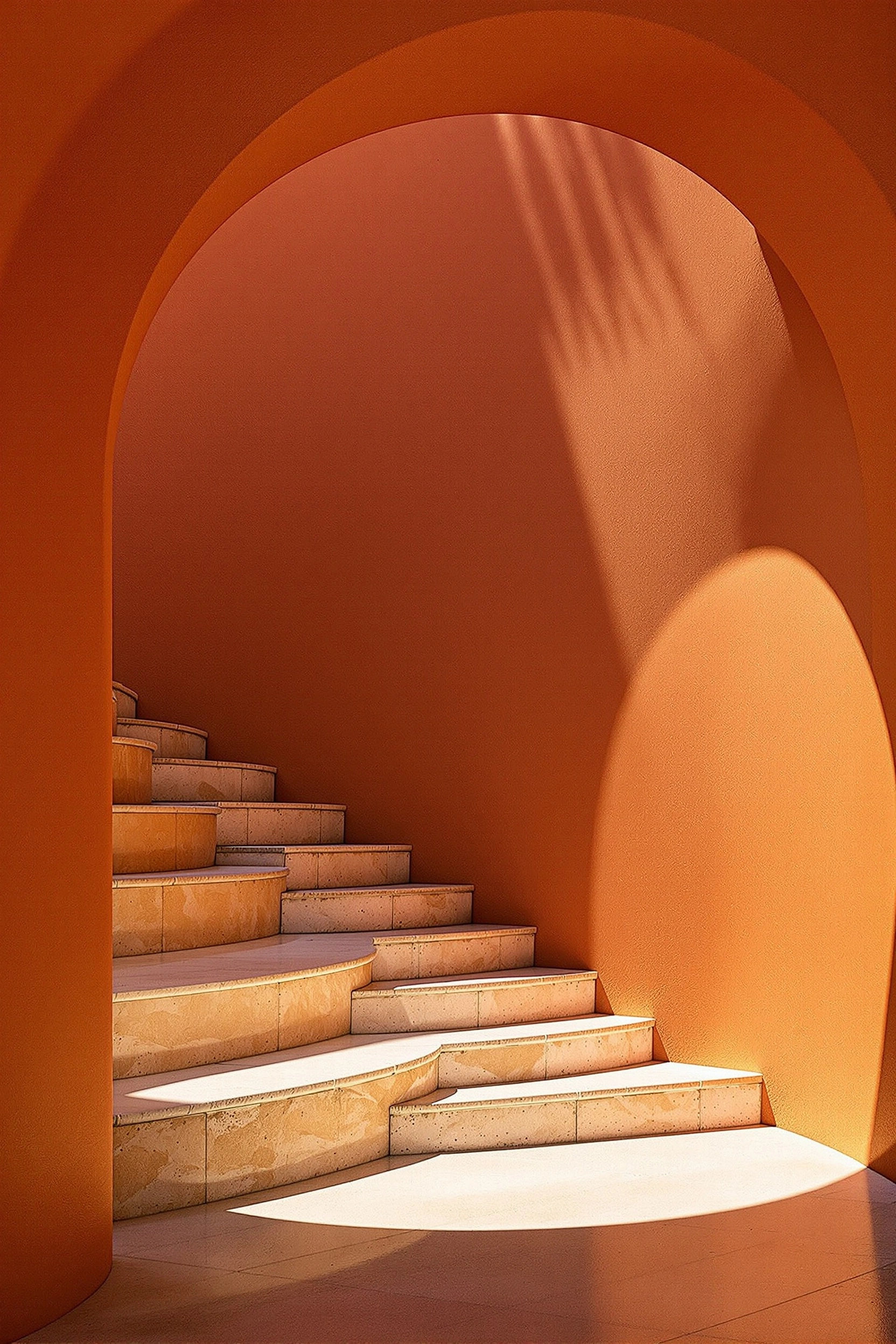 Smooth sienna-plastered archways frame a flight of shallow stone steps in a sunlit Mediterranean courtyard, a crisp curved shadow bisecting the rear wall. A small palm shadow flickers across the ceiling vault. Saturated terracotta palette, hard noon light, minimalist architectural geometry.