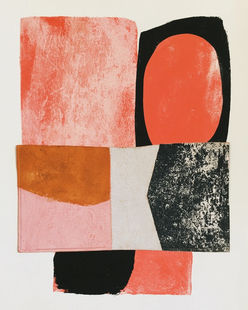 Abstract collage of inked rectangles in coral pink, oxblood, ochre, and matte black layered like overlapping cards on cream paper. Each block carries dry-roller grain and torn edges, with a solid orange oval punched through black. Risograph-flavored composition, mid-century print-shop palette.