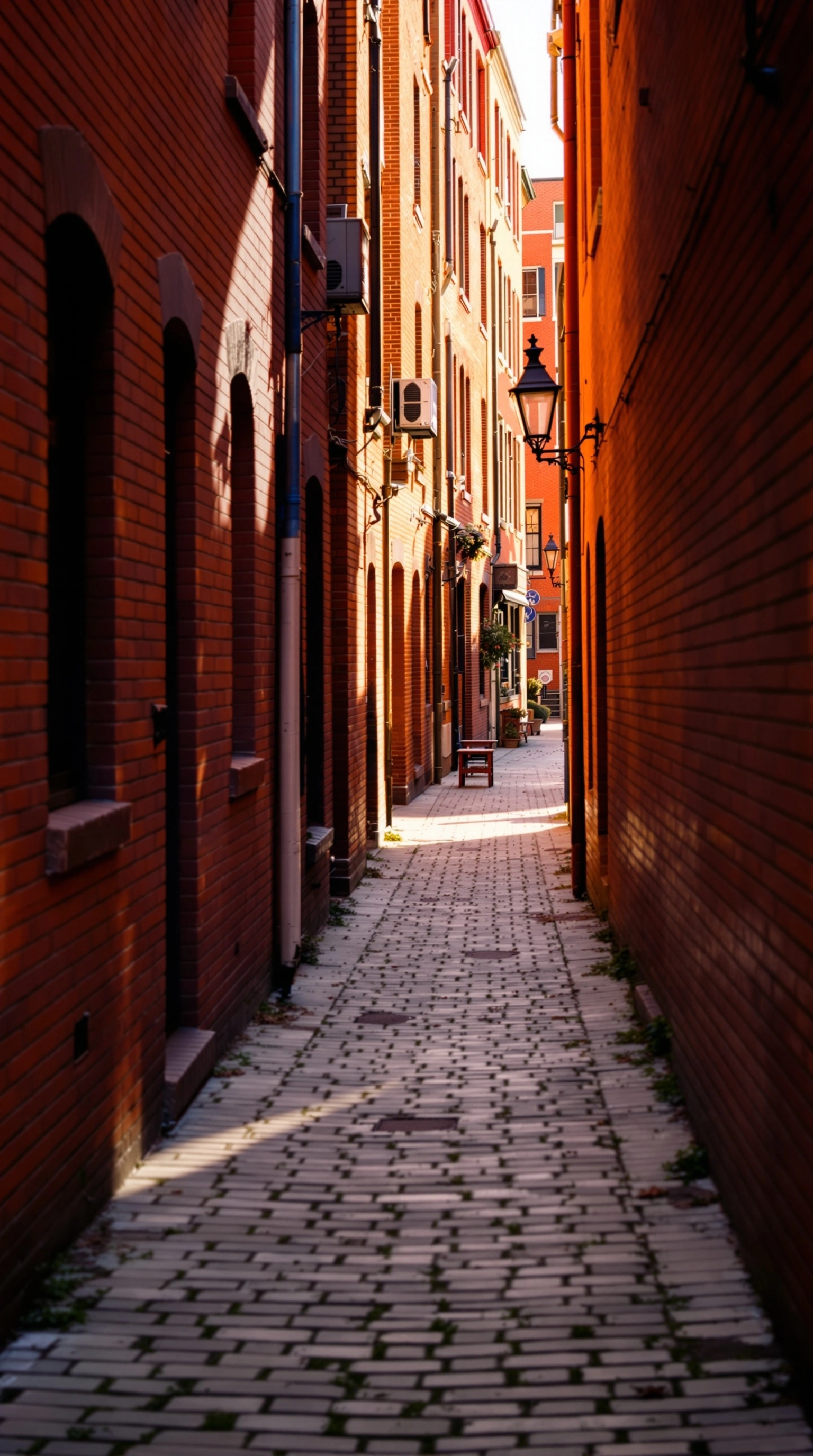 Slim red-brick alley funnelling toward a sunlit junction, cobbled pavers raked by warm late-afternoon side light. A wrought-iron gas lamp juts from the left wall, arched doorways line the right, the far end glows pale. Saturated sienna and rust palette, deep one-point perspective, cinematic warmth.