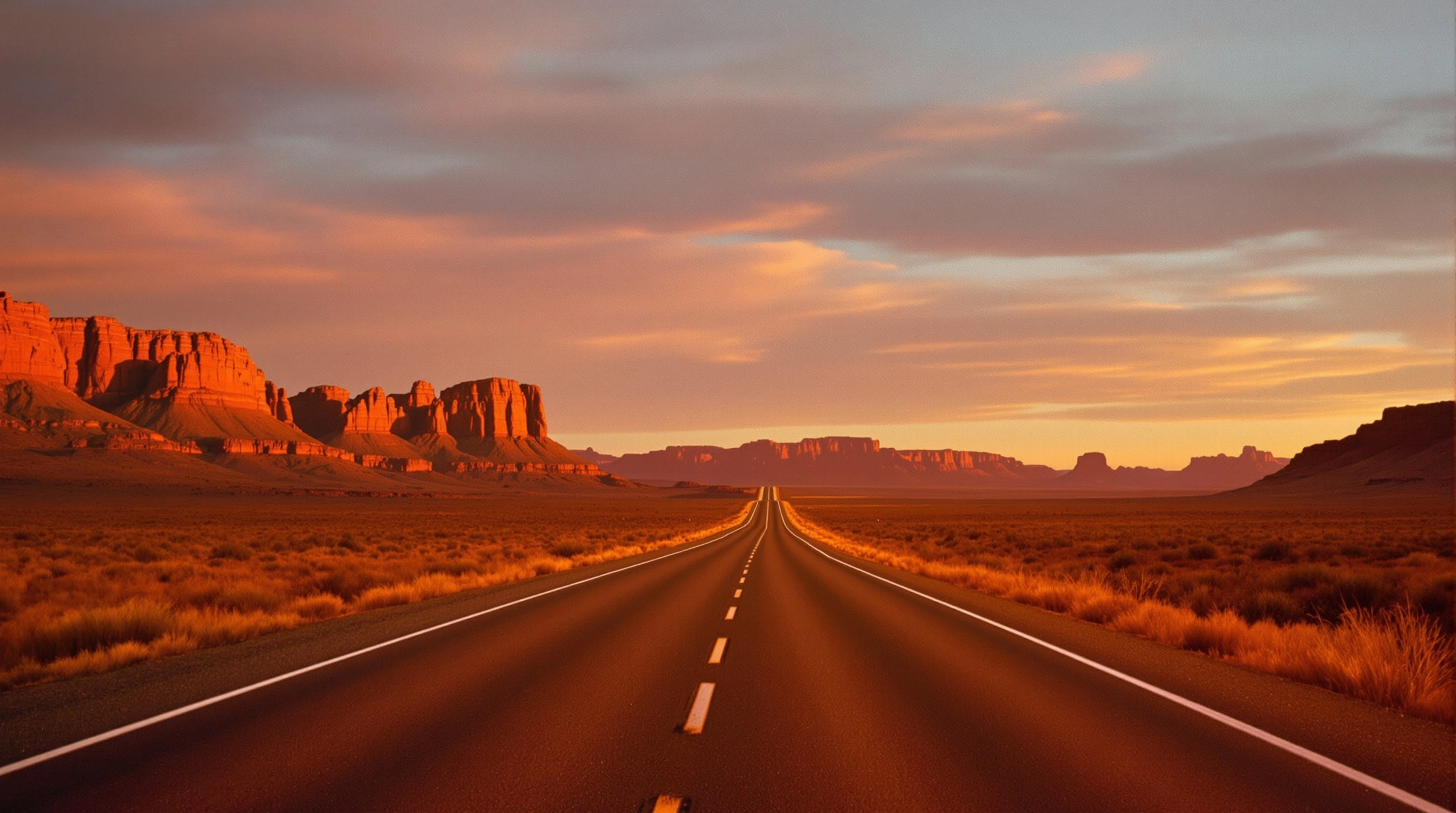 Two-lane blacktop vanishing toward distant mesas, dashed centerline pulling the eye into a sky brushed with peach and lilac cloud streaks. Coral-lit sandstone buttes flank dry golden grass, last-light Monument Valley palette with widescreen anamorphic openness and road-trip melancholy.