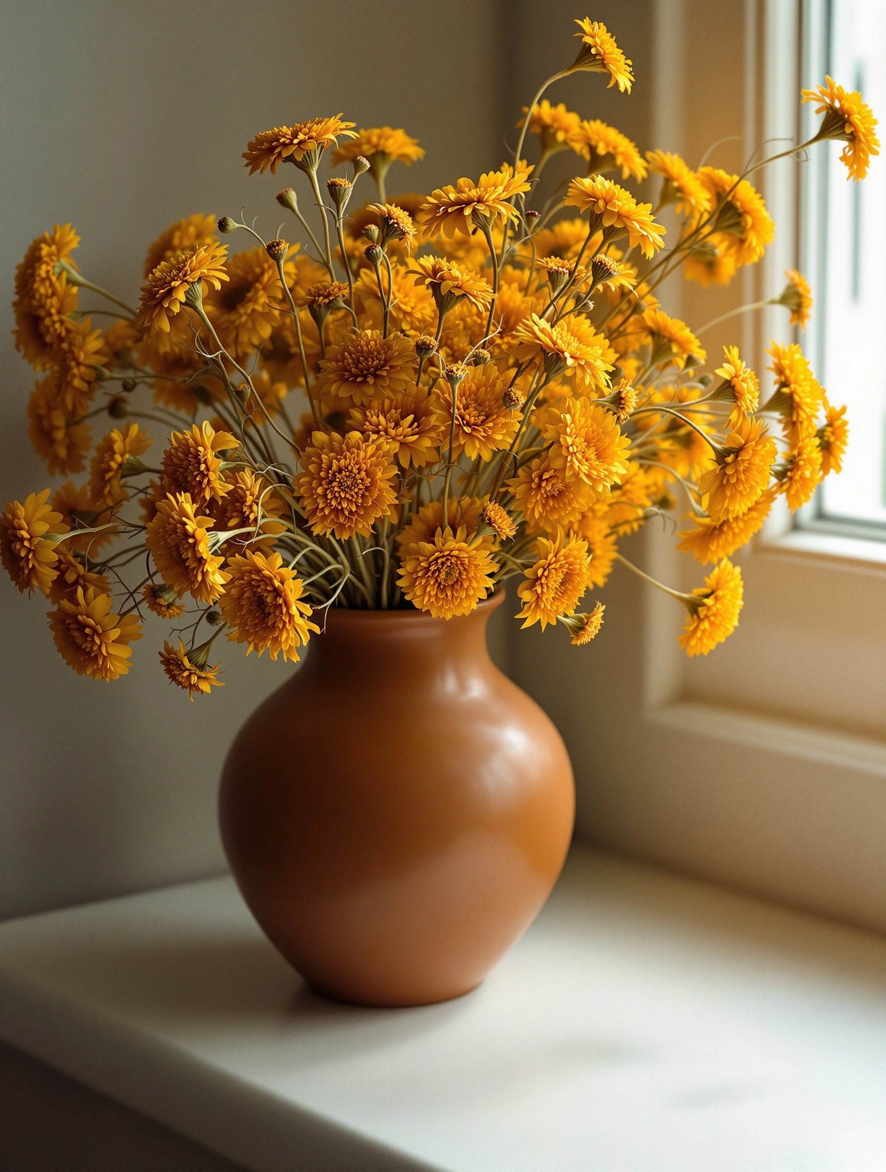 A round terracotta vase on a pale sill bursts with dried marigolds, fading from saffron centres to amber-bronze petals at the outer reaches. Warm side light from a nearby window glints off the unglazed clay. Ochre, mustard and rust palette, painterly Dutch-still-life mood.