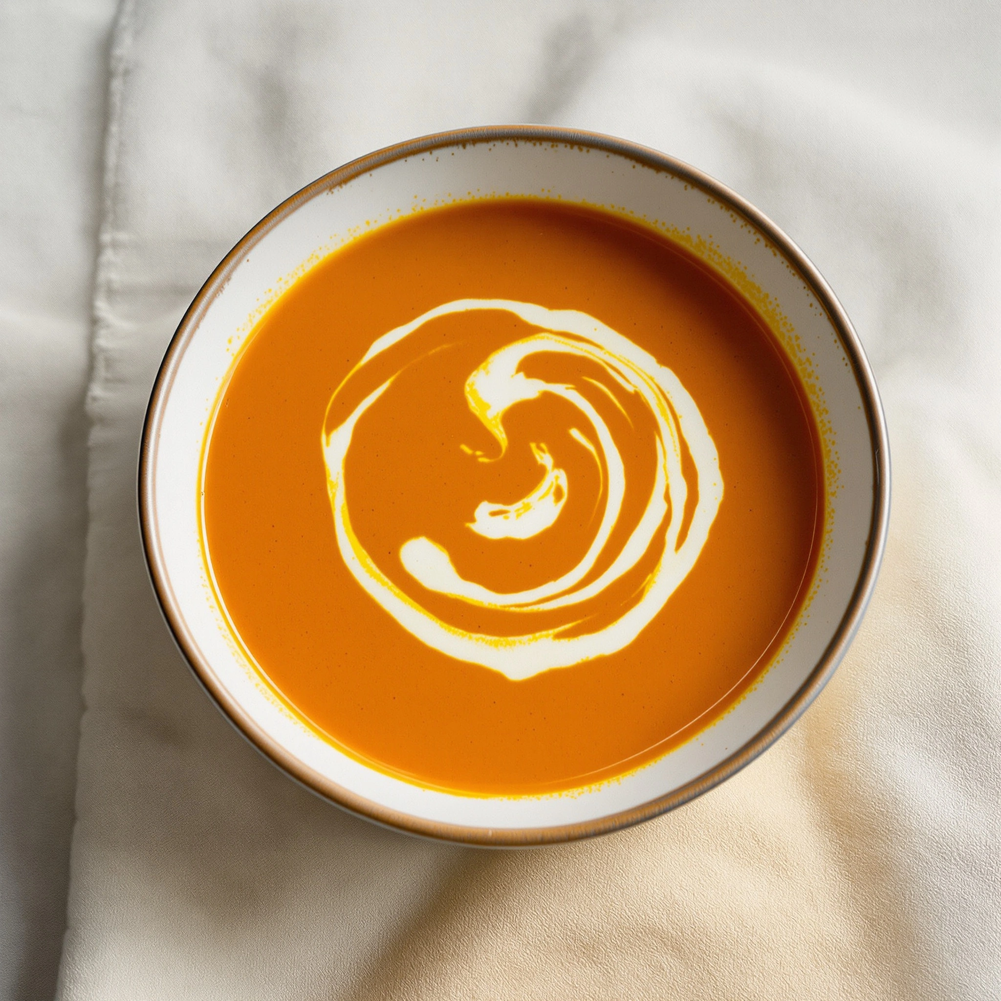 Overhead view of a rimmed ceramic bowl holding glossy saffron-tomato bisque ribboned with a cream spiral, set on a softly rumpled ivory linen. Diffused north light catches stray flecks of orange dust across the cloth. Tight square crop, terracotta and parchment palette, calm editorial food still life.