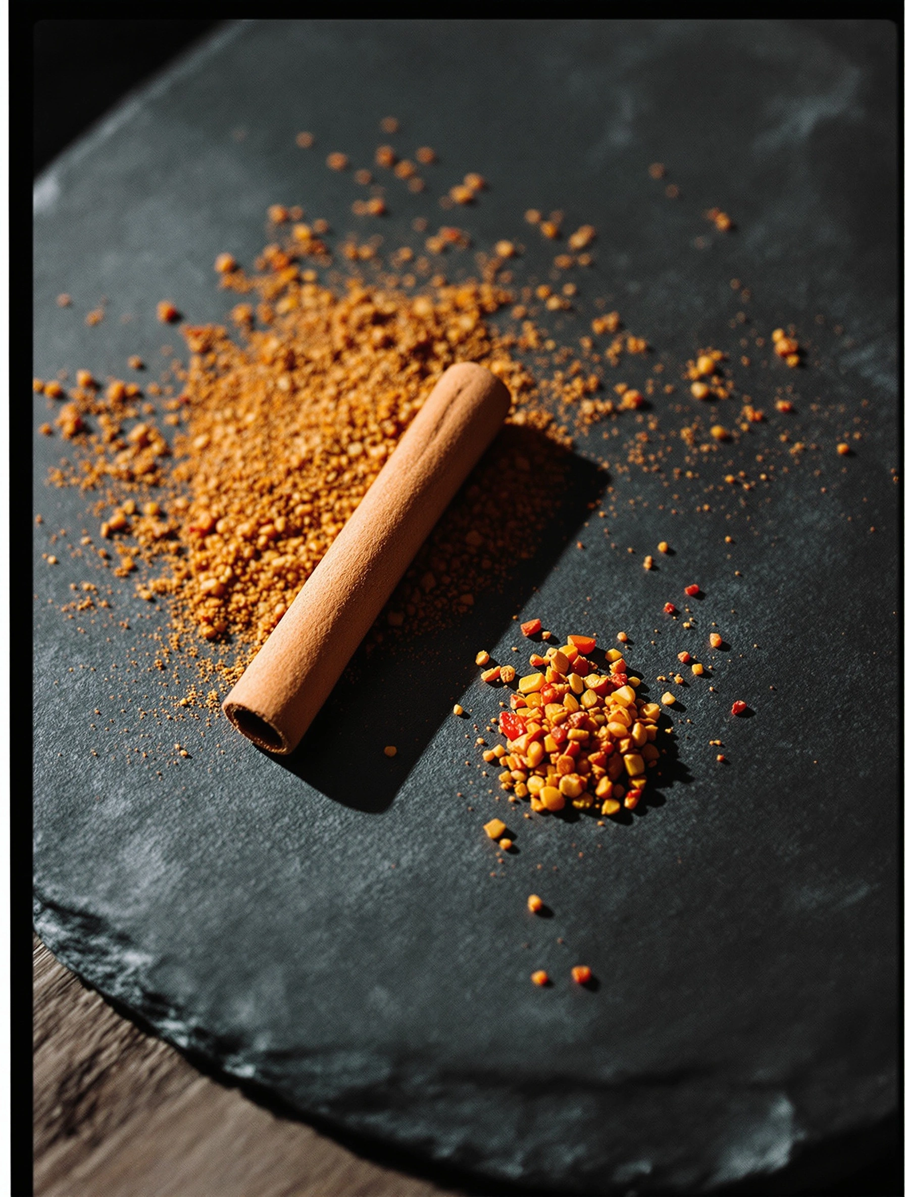 A rolled cinnamon quill rests on a charcoal slate beside a scattered drift of paprika and a small pile of crushed chilli flakes. Hard raking afternoon light flings long shadows and lifts the orange spice off the dark stone. Earthen sienna against graphite, intimate spice-shop still life.