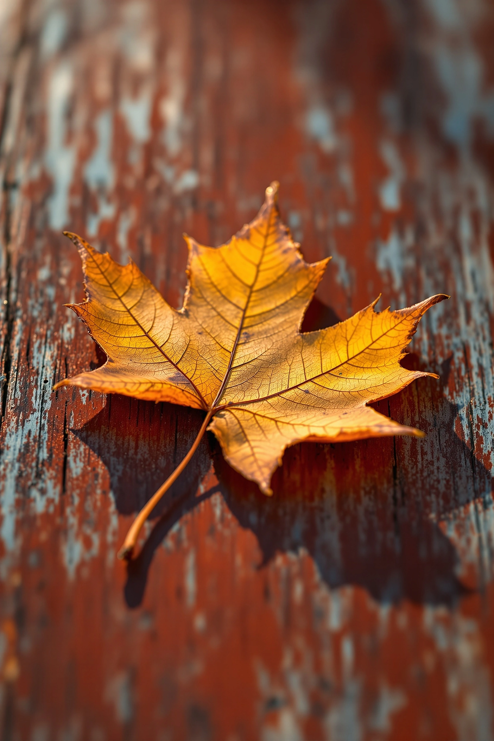 A crisp maple leaf with five amber-and-ochre points rests on a chipped rust-red wood plank, raking afternoon sun mapping every vein. Powder-blue paint peels through the weathered surface, the leaf's stem casting a long thin shadow. Macro nature still life, shallow focus, warm autumn tonality.