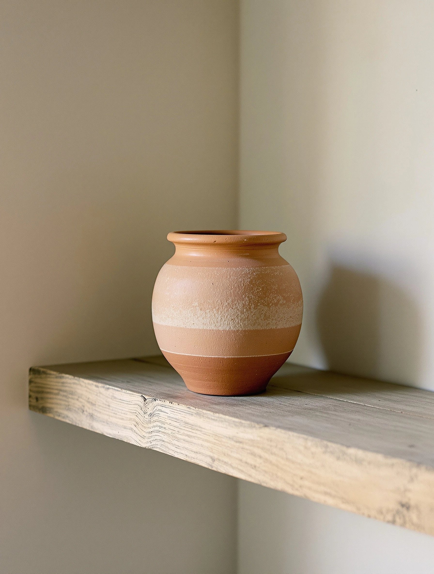 A bulbous terracotta vessel banded with kiln-blush variations sits on a weathered oak plank shelf inside a putty-toned niche. Soft side window light shapes a long quiet shadow along the wall behind it. Minimal Wabi-sabi still life, muted neutrals, medium-format precision.