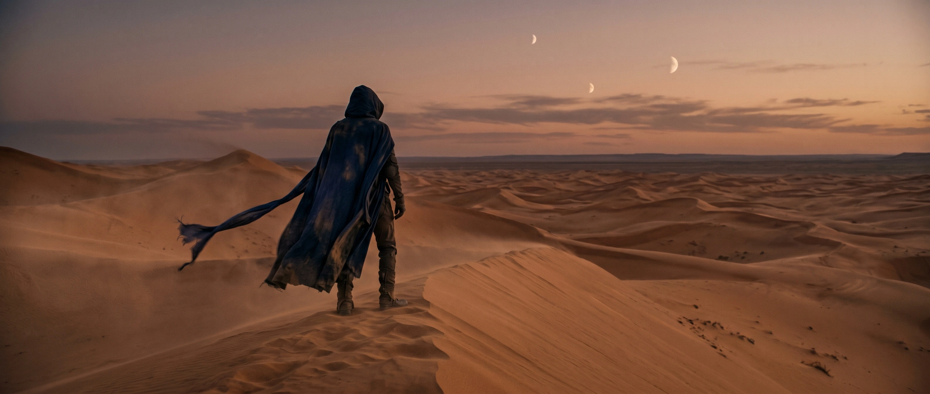 A lone hooded figure in a dust-stained indigo cloak stands on a dune crest, fabric streaming sideways in the desert wind. Rolling Saharan ridges recede into a peach-and-mauve dusk where two pale crescent moons hang in the sky. Anamorphic ultrawide, cinematic Dune-like grandeur, solitude under twin moons.