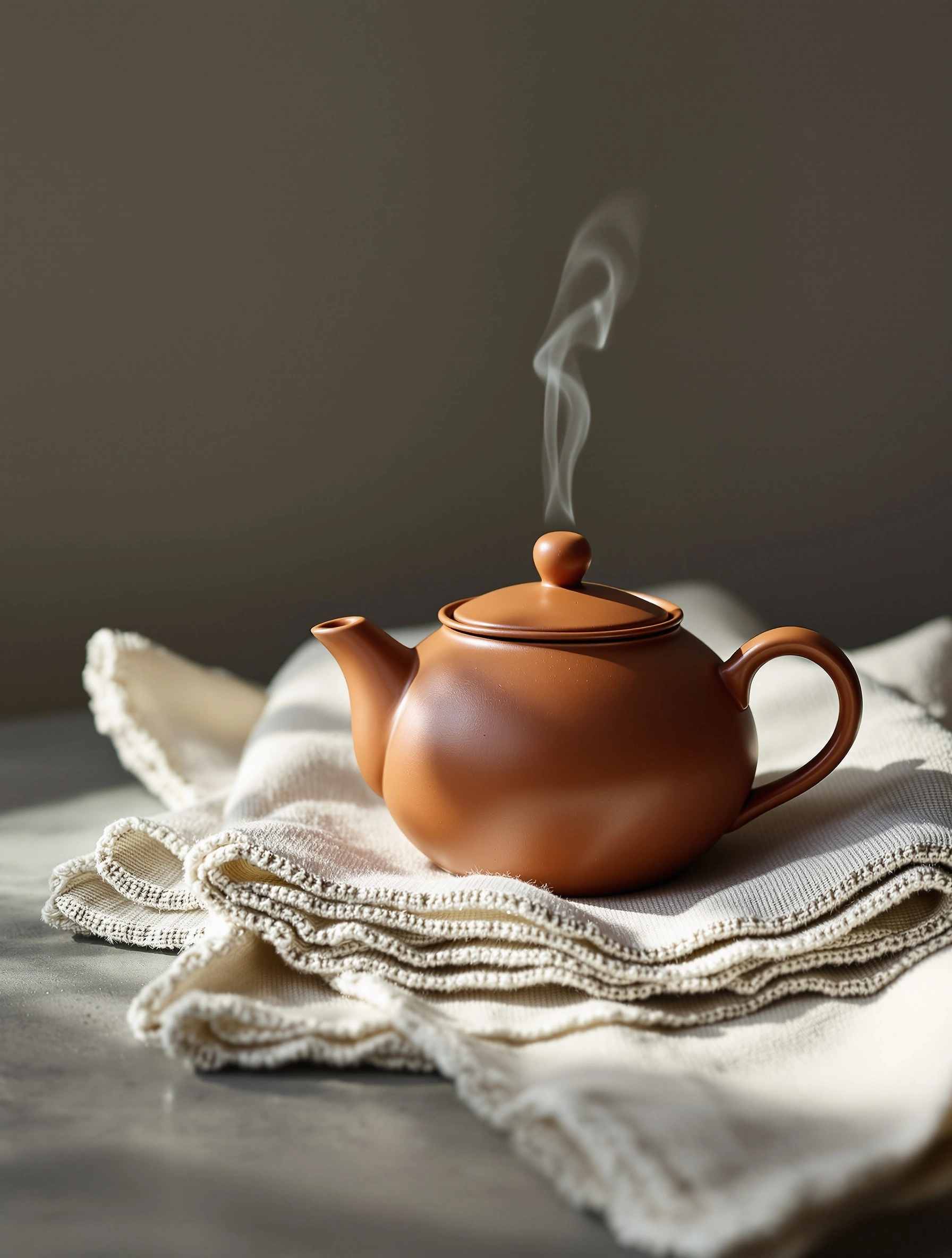 A matte rust-orange clay teapot sits on a stack of fringed oatmeal linen napkins, a single curling thread of steam lifting from its spout against a soft taupe wall. Side window light models the round belly while the table sinks into cool concrete grey. Editorial food-still calm, earthen palette, hushed afternoon.