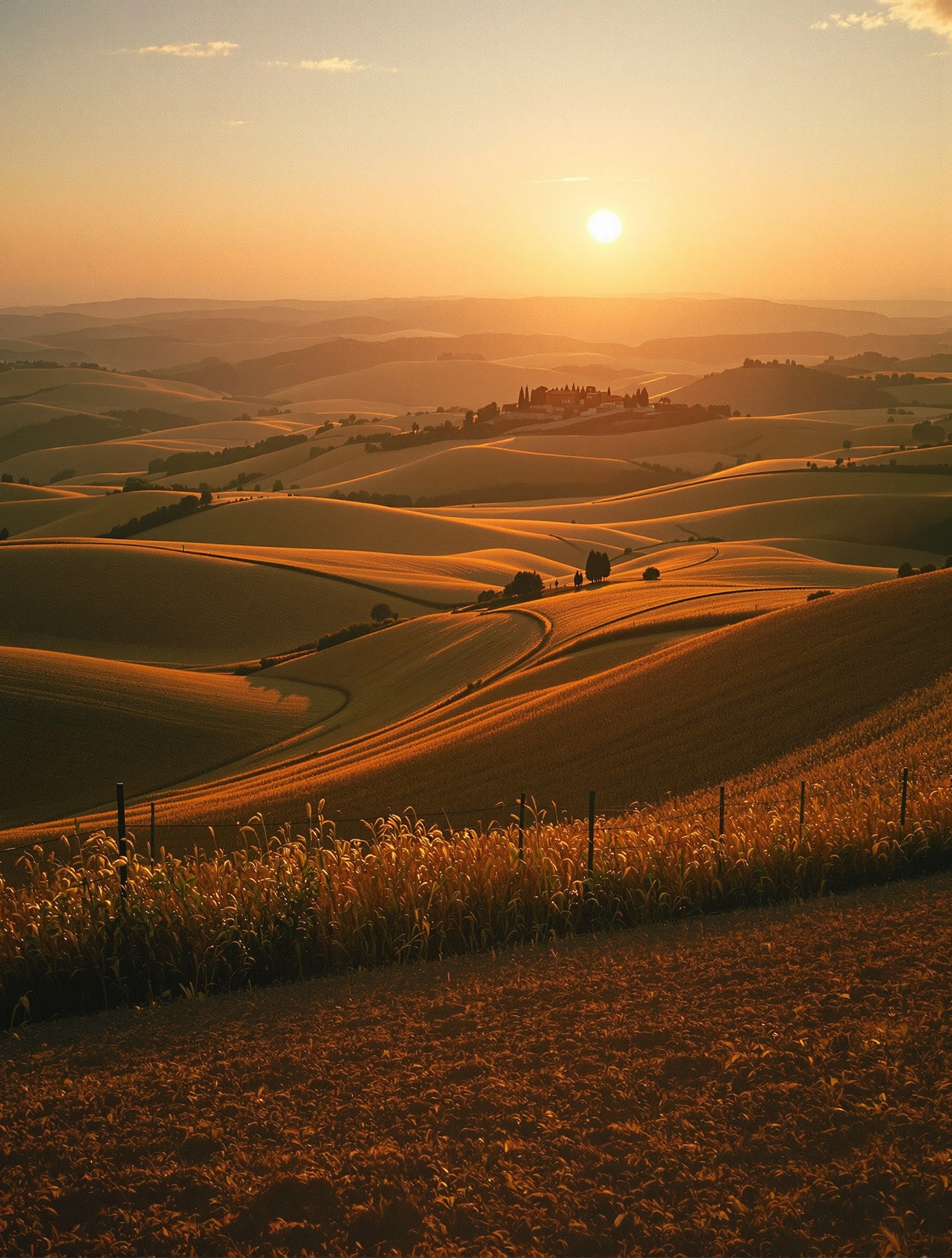 Layered Tuscan hills roll in undulating ridges toward a low haze-veiled sun, a hilltop villa silhouetted on a distant crest. Tall foreground grasses along a wire fence catch backlight while ploughed amber fields and sienna soil ripple in lazy curves below. Soft golden-hour warmth, atmospheric haze, large-format landscape clarity with grain-flecked velvety shadows.