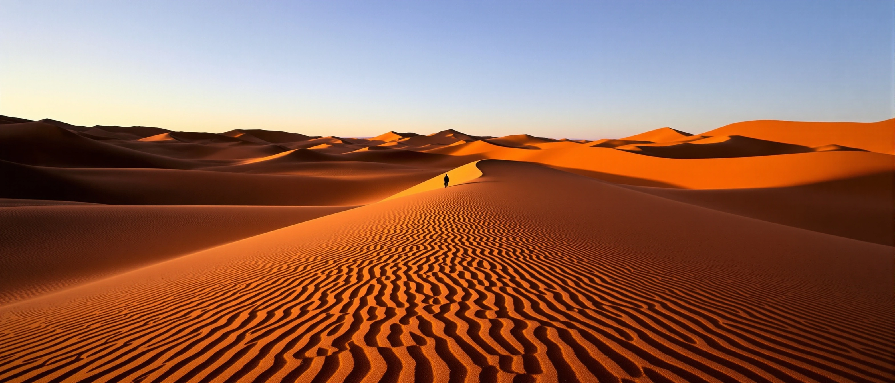 A long curving dune crest stretches into rolling sienna sand-seas at sunset, every wind ripple etched in low gold relief. A lone hooded figure mid-frame gives scale, dwarfed by the rising swells under a clear gradient sky of robin's-egg fading to apricot. Wide cinemascope panorama, Saharan grandeur.