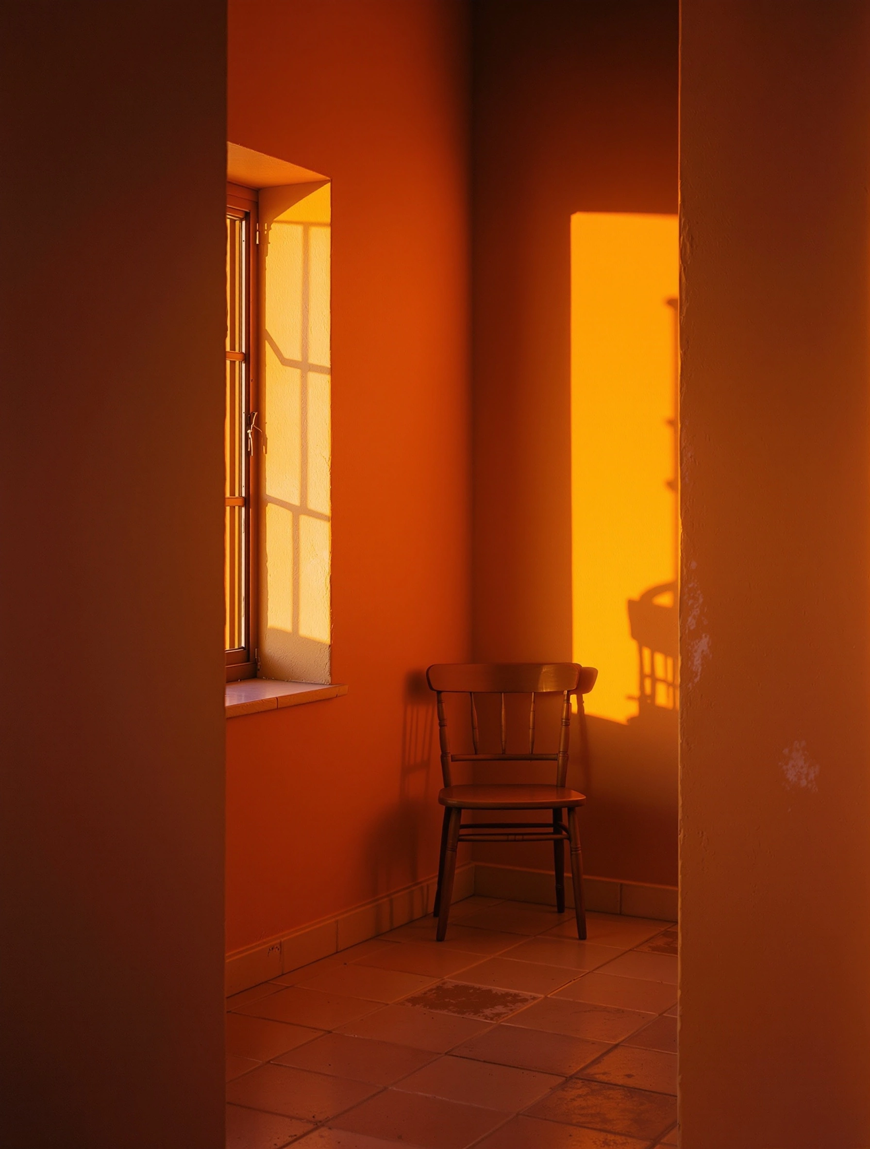 A vacant adobe corner glows in saturated sienna and pumpkin tones as low sun pours through a small wooden window, casting a crisp grid across burnt-orange plaster. A solitary spindle-back chair sits on terracotta tile, framed by a dim doorway. Symmetrical aperture composition, anamorphic warmth, Kodak 250D feel.