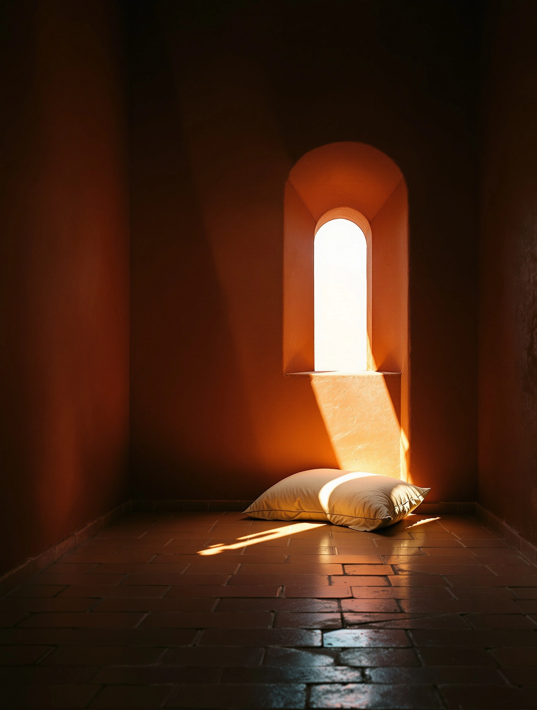 A small terracotta-plastered monastic cell at dawn, a tall arched window splashing white sun across the floor and igniting the curved wall into burnt sienna. Two stuffed linen cushions lie at the threshold of light. Quarry tiles ripple with reflected warmth. Painterly Renaissance lighting, ochre and shadow monochrome.