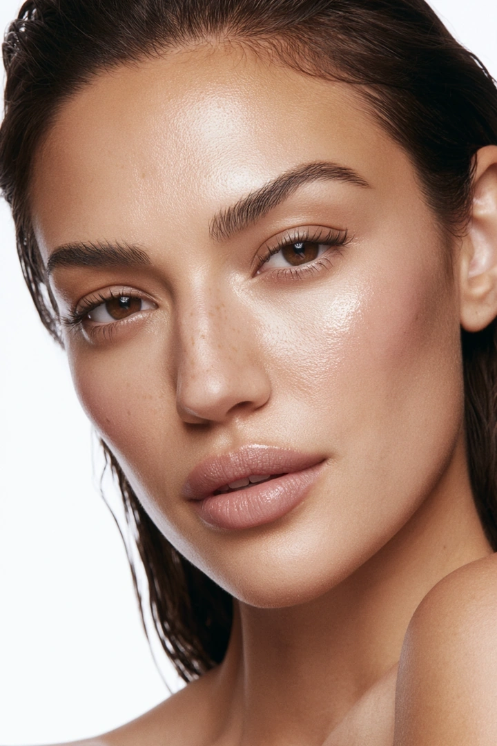 Glossy beauty portrait of a woman with slicked-back dark hair, dewy bare-shoulder skin, full nude lips and feathered brows. Soft frontal studio light models every plane of cheekbone and jaw against a clean white seamless. High-end campaign clarity, terracotta undertones glowing through the highlights.